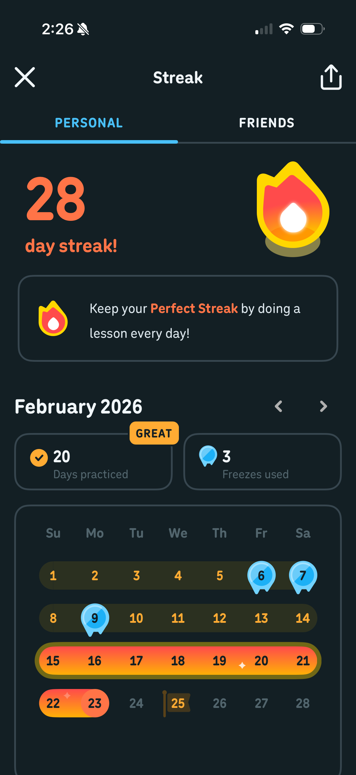 Streak detail screen with calendar and freeze count