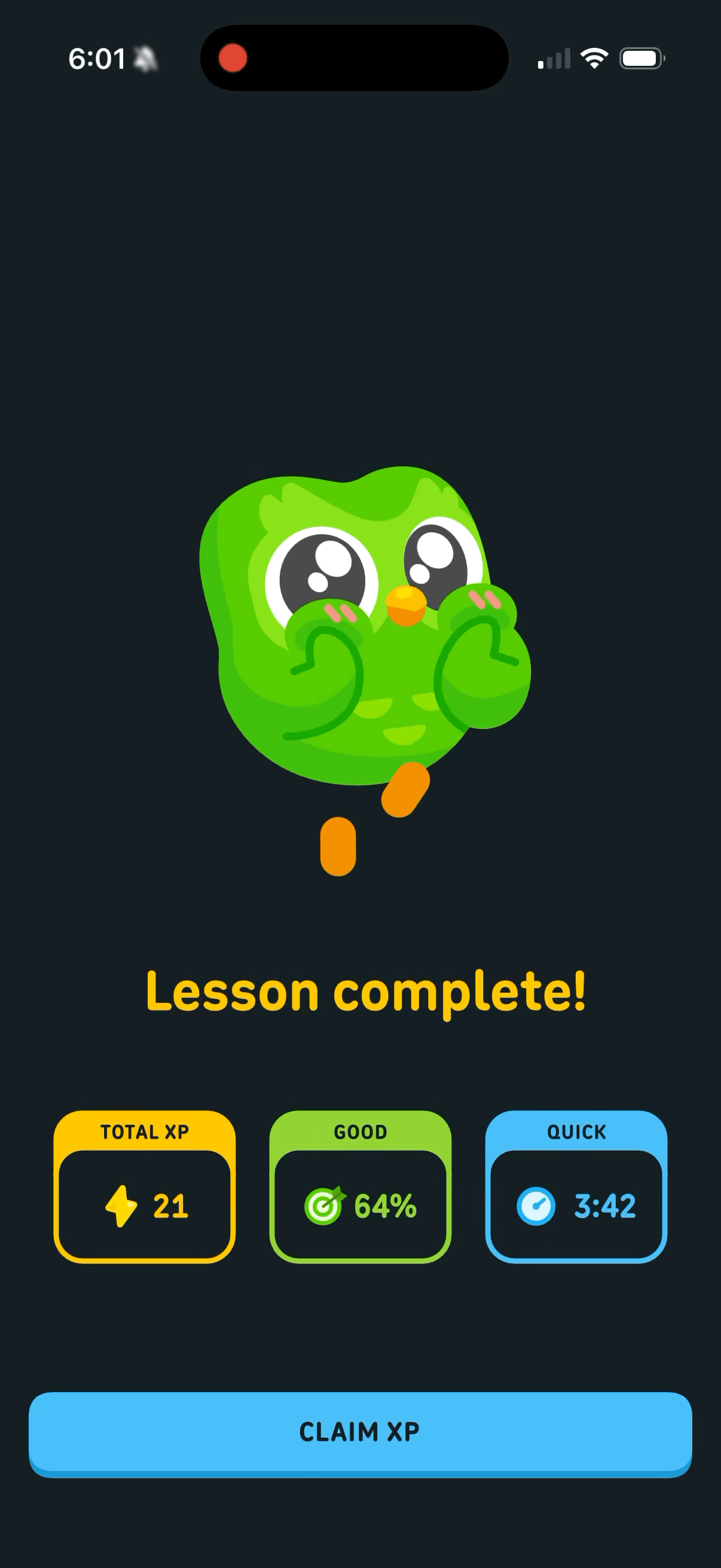 Post-lesson flow animation showing the streak update screen following XP and celebration screens
