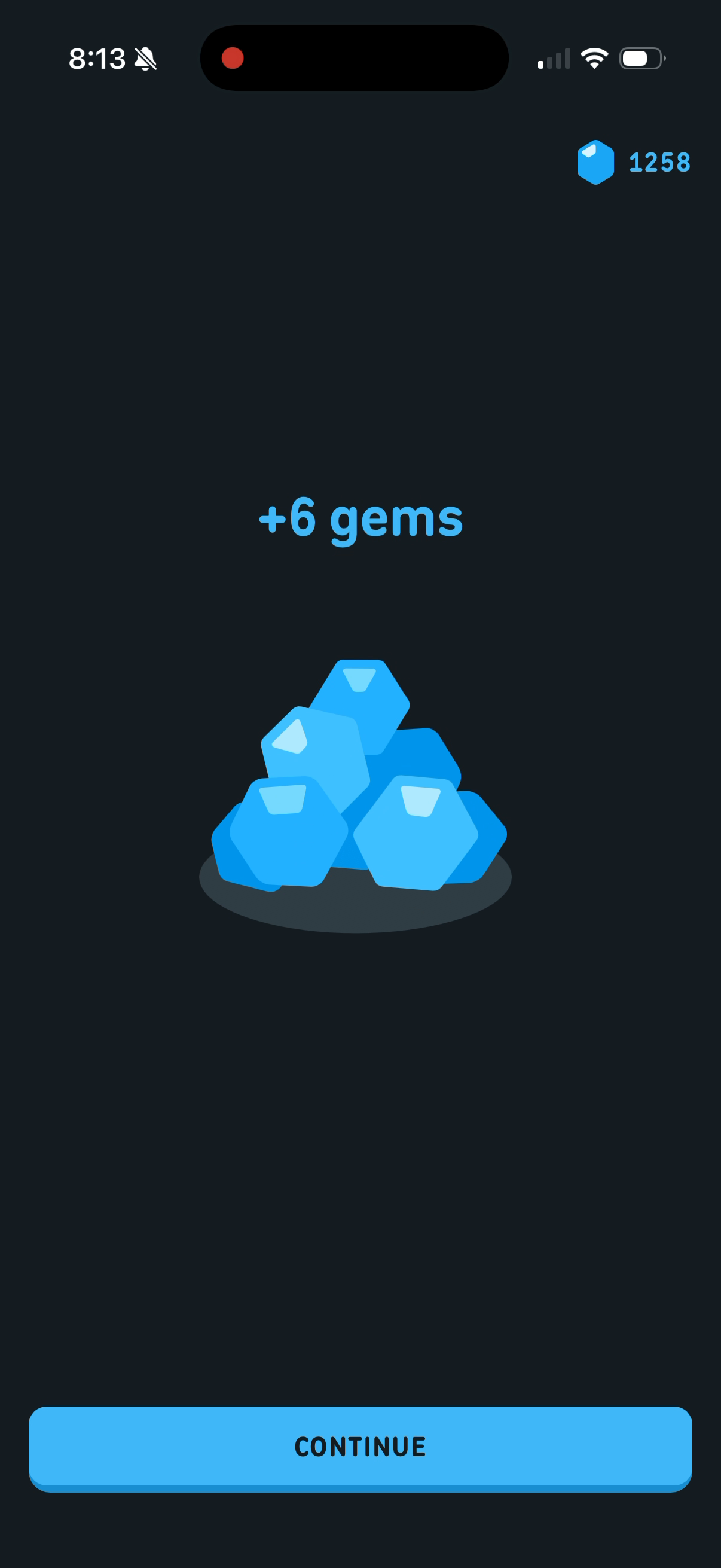 Reward screen showing a pile of gems and "+6 gems"