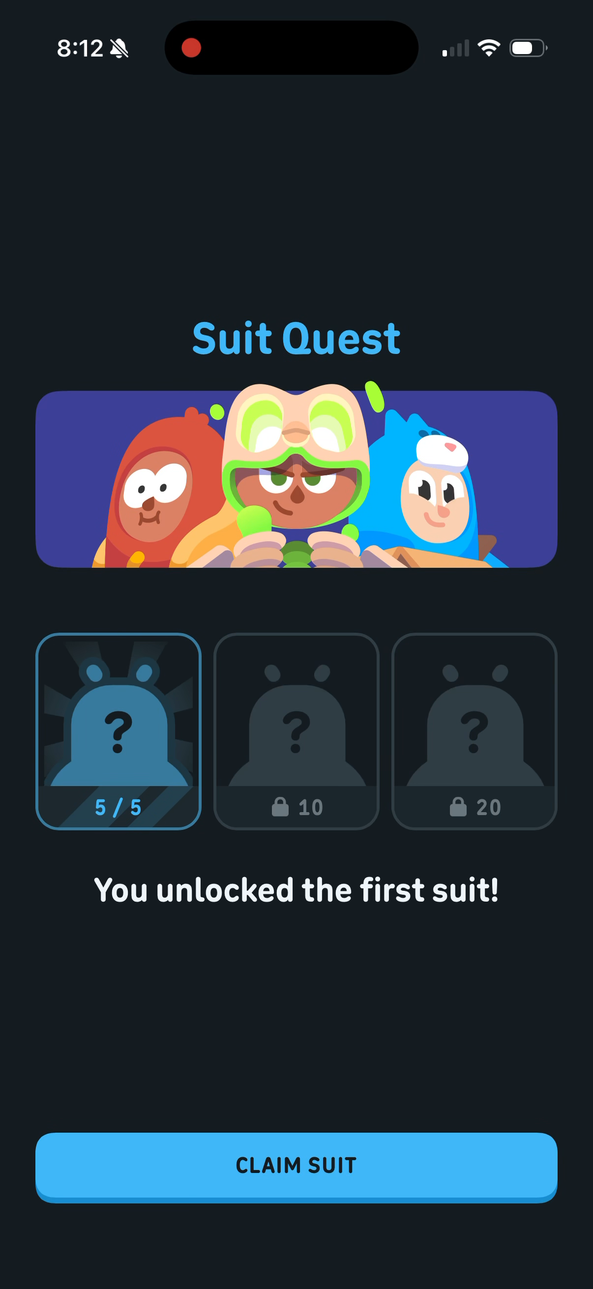 Duolingo Suit Quest screen reading "You unlocked the first suit!" — three silhouette tiles, the first filled at 5 of 5, the second locked at 10 and the third locked at 20, with a Claim Suit button