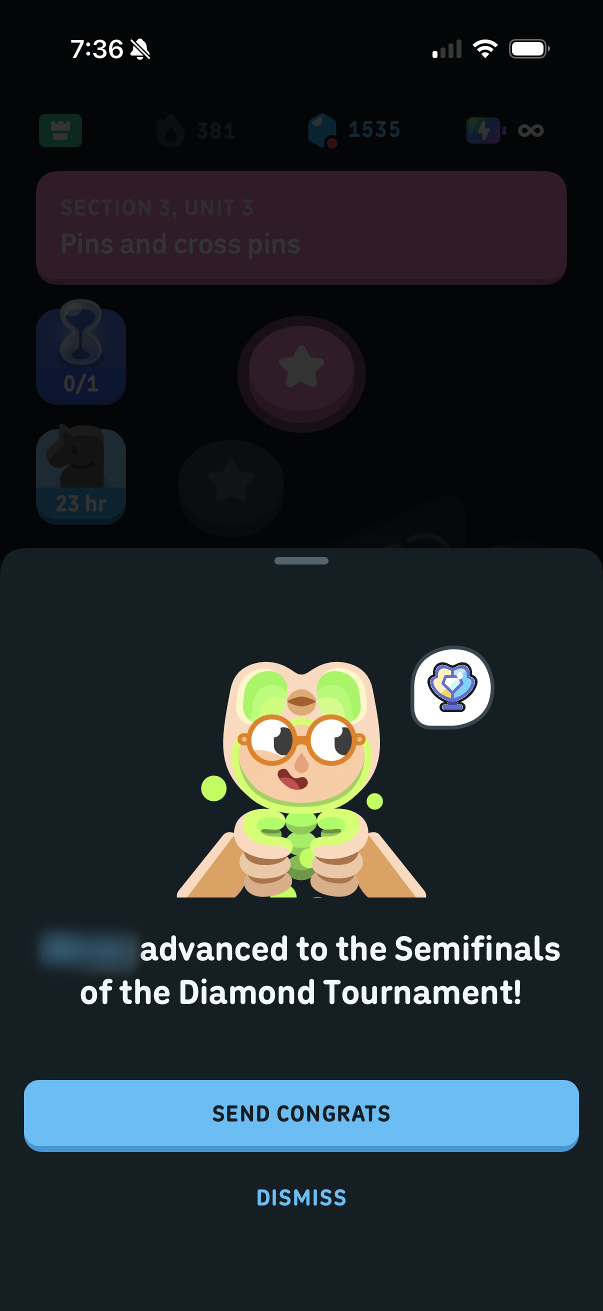 Duolingo friend update sheet — a friend's avatar wearing the Spooky Duo suit, with text saying the friend advanced to the Semifinals of the Diamond Tournament and a Send Congrats button