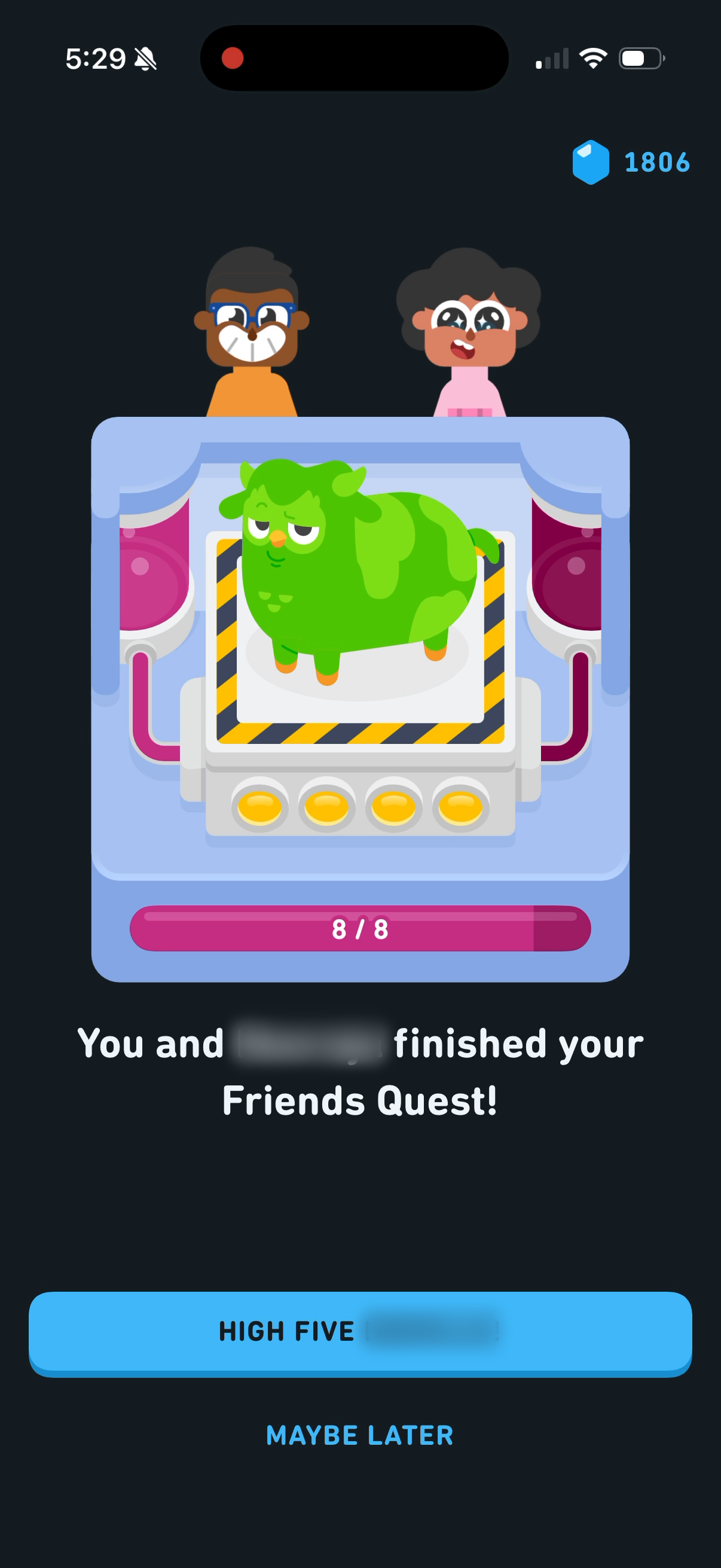 Friends Quest completion screen — two friends' avatars above a finished quest, with a High Five button