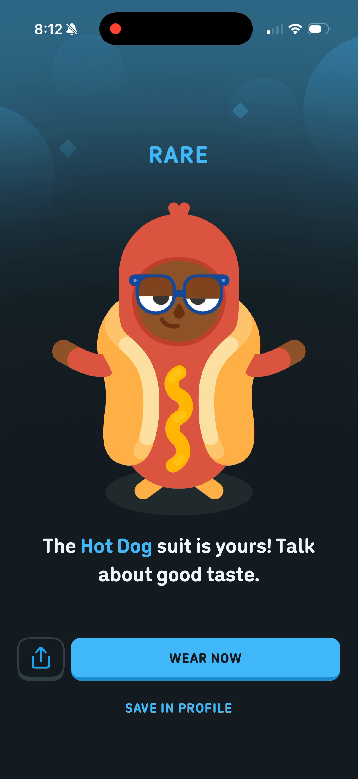 Hot Dog suit under the label "Rare" — "The Hot Dog suit is yours! Talk about good taste." with Wear Now and Save in Profile