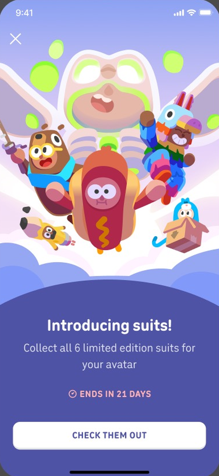Duolingo launch screen — "Introducing suits! Collect all 6 limited edition suits for your avatar. Ends in 21 days."