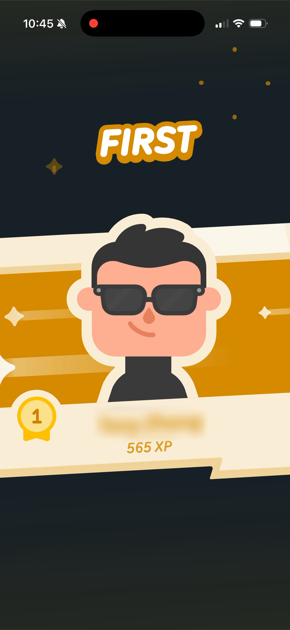 Duolingo League Results podium — a banner reading "First" above the winner's avatar, name and XP total