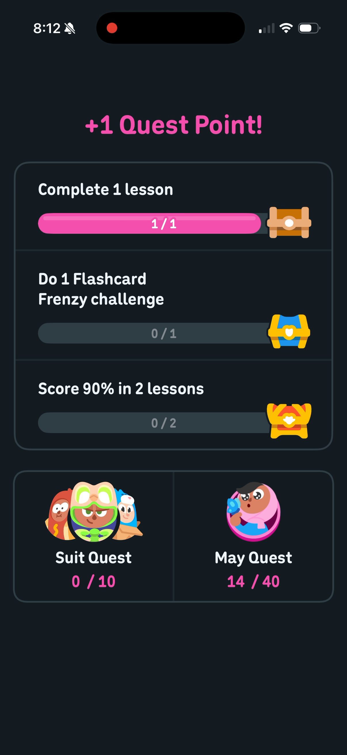 "+1 Quest Point!" screen with three daily quests and the Suit Quest and May Quest meters