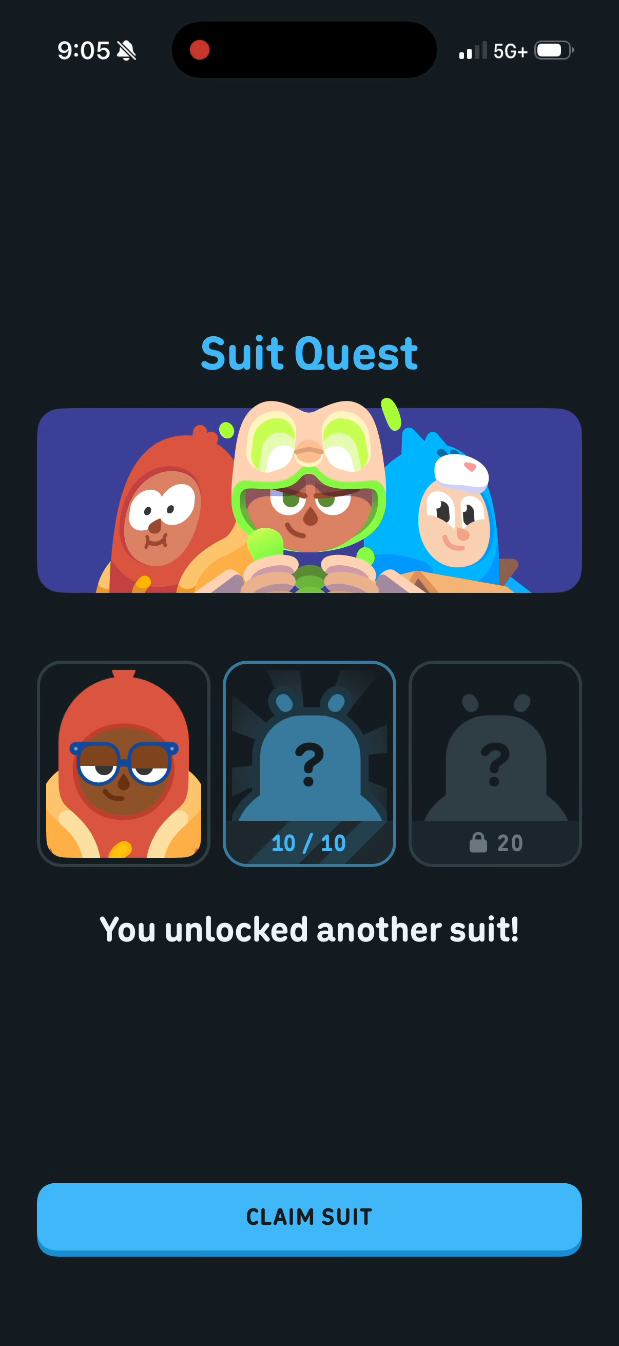 "You unlocked another suit!" — Hot Dog tile filled in, second tile at 10 of 10, third locked at 20