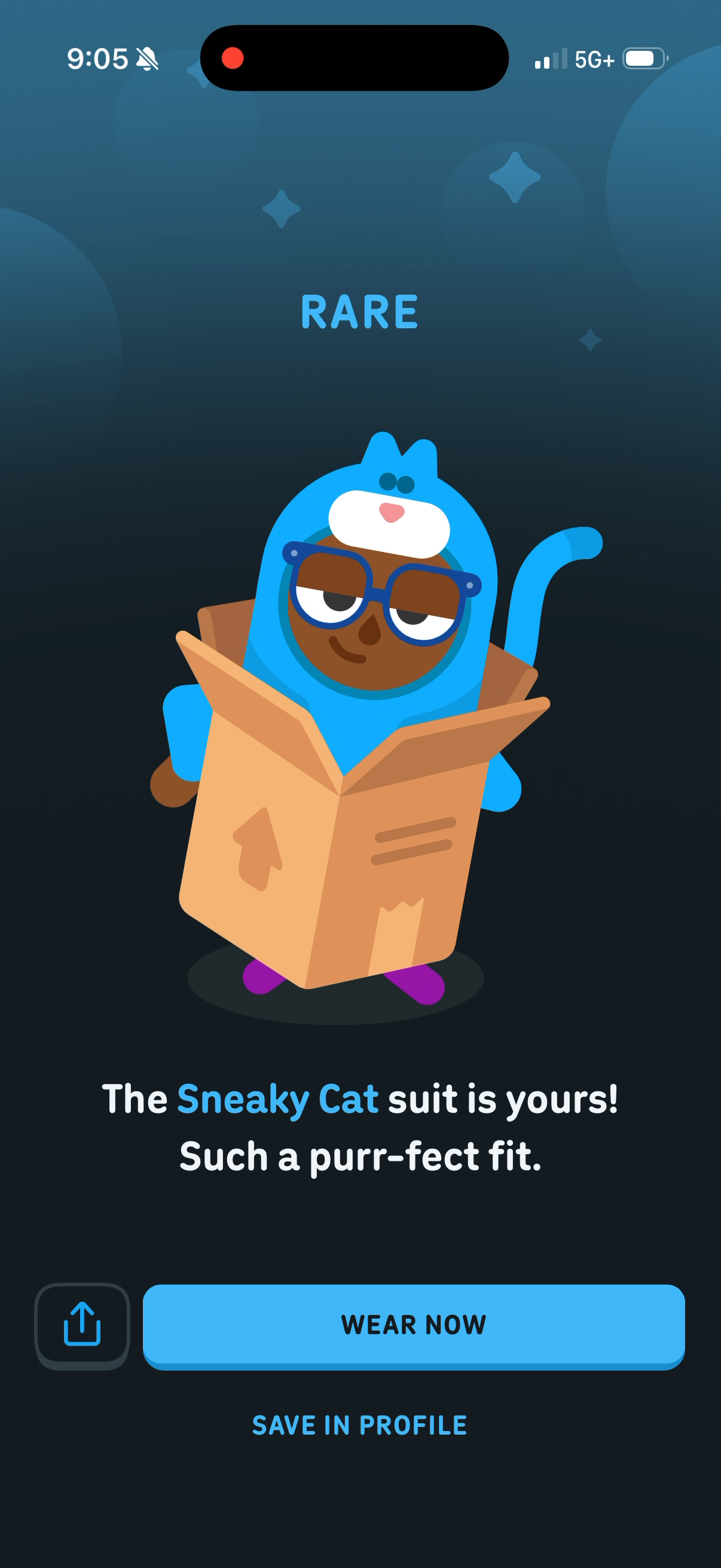 Sneaky Cat suit under the label "Rare" — "The Sneaky Cat suit is yours! Such a purr-fect fit."