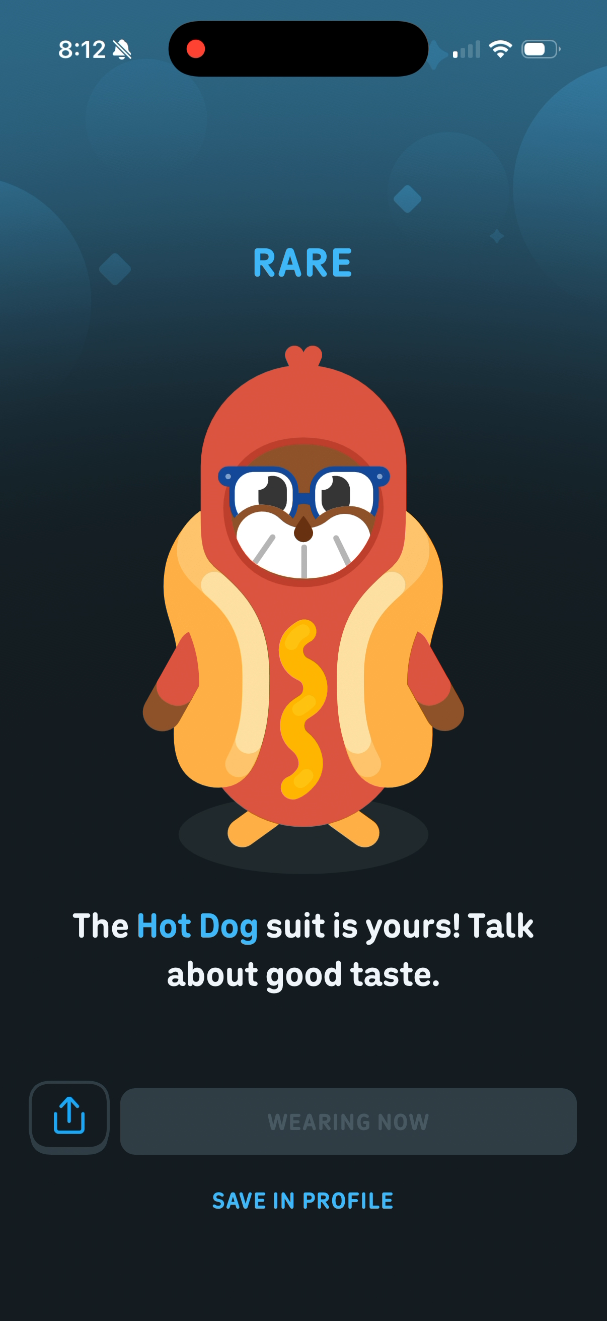 Avatar grinning in the Hot Dog suit with the button reading Wearing Now