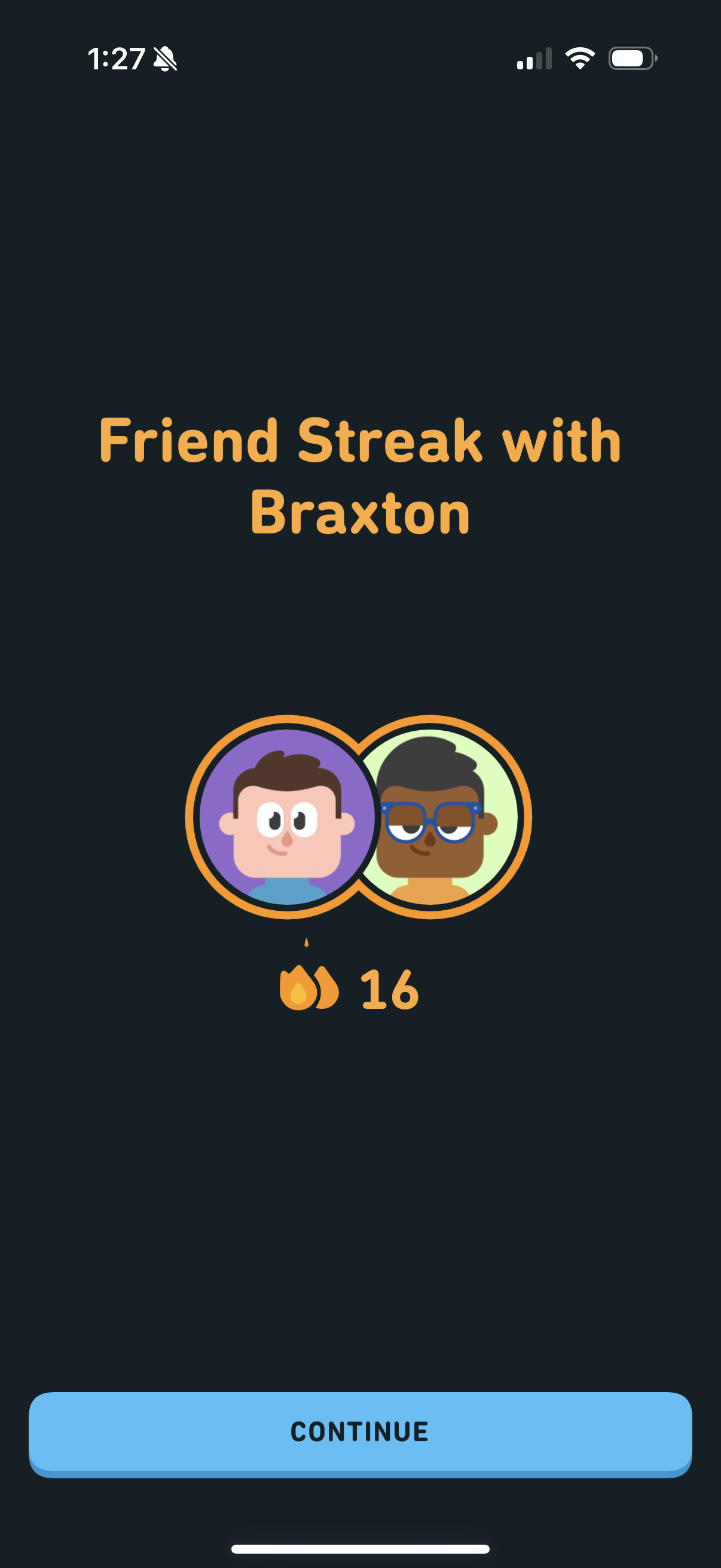 Friend Streak with Braxton — 16 days, characters and flame