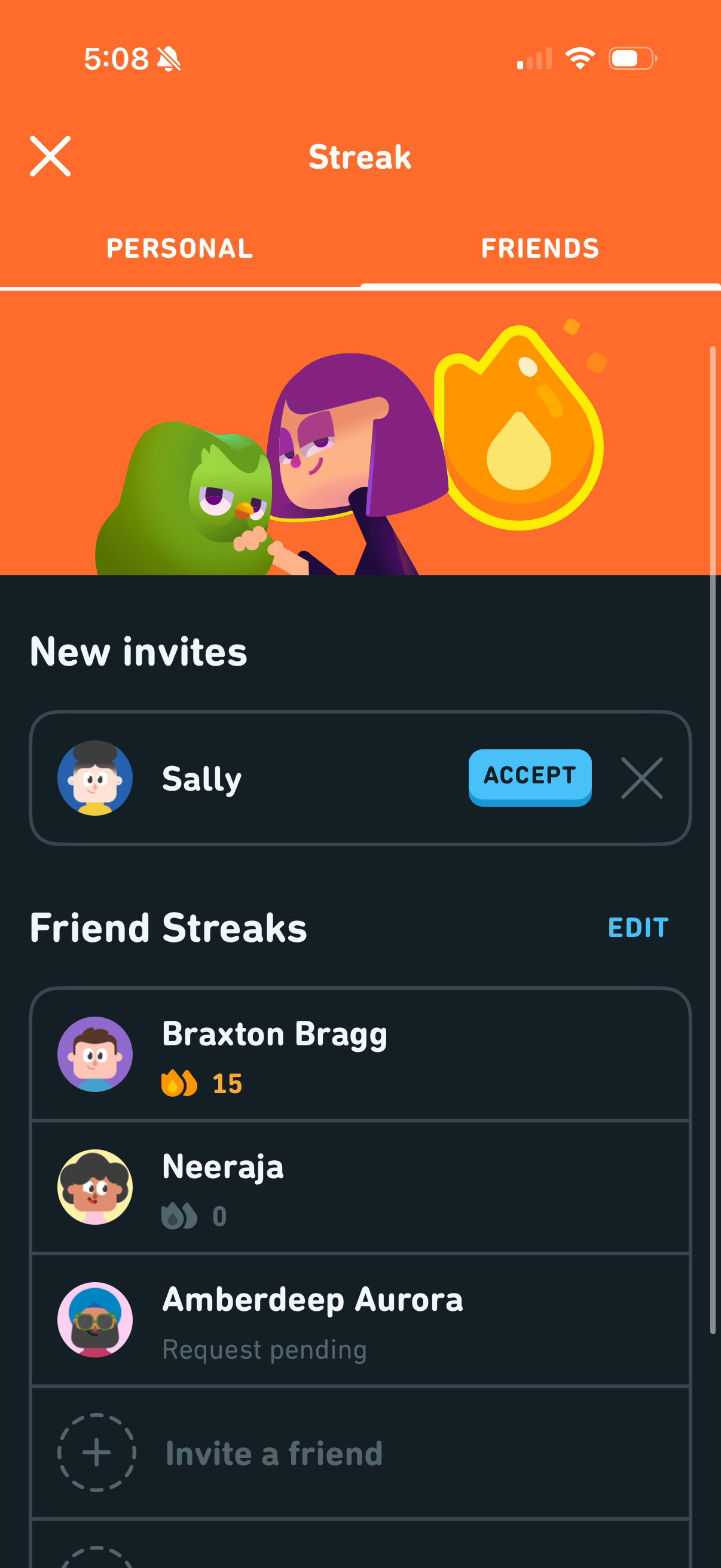 Friend Streaks list with pending invites and a dormant streak