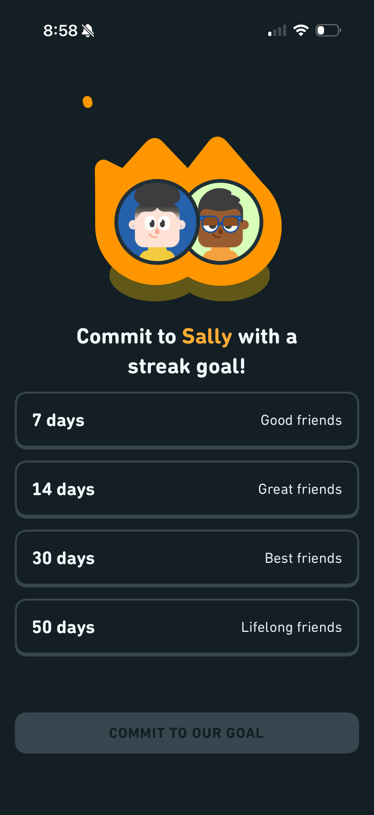 Friend Streak commit screen — two friend characters inside an orange flame, prompt "Commit to Sally with a streak goal!" and four tier options (7 days Good Friends, 14 days Great Friends, 30 days Best Friends, 50 days Lifelong Friends), with a COMMIT TO OUR GOAL button