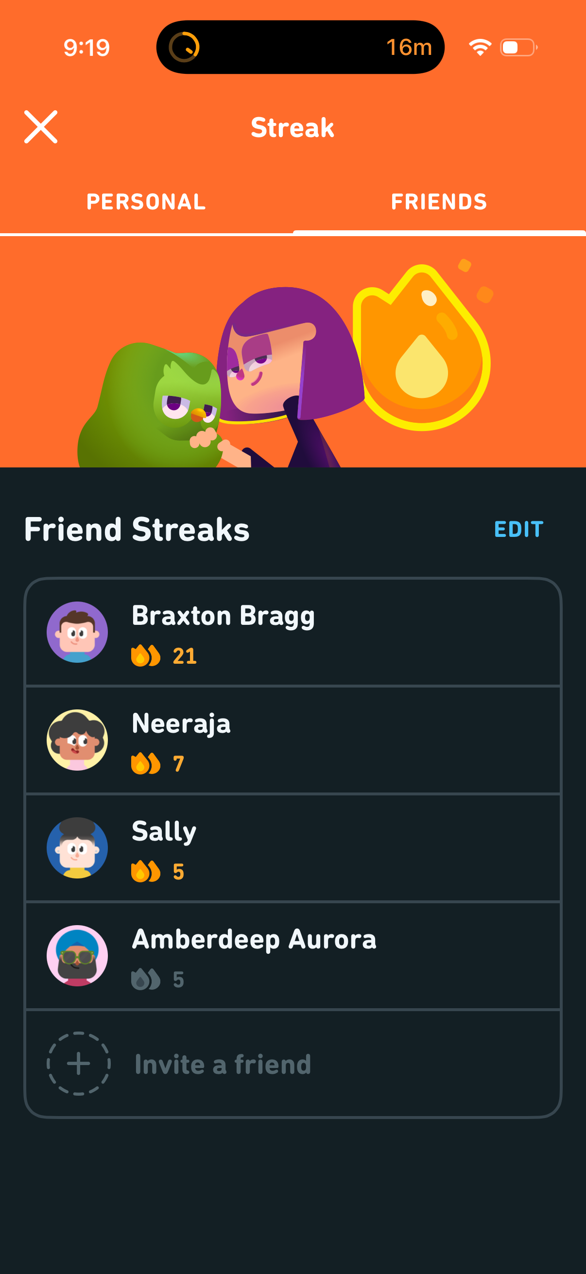 Friend Streaks list — orange gradient header with Duo and Lily characters, then a list of four active Friend Streaks (Braxton Bragg 21 days, Neeraja 7 days, Sally 5 days, Amberdeep Aurora 5 days) and an "Invite a friend" CTA at the bottom