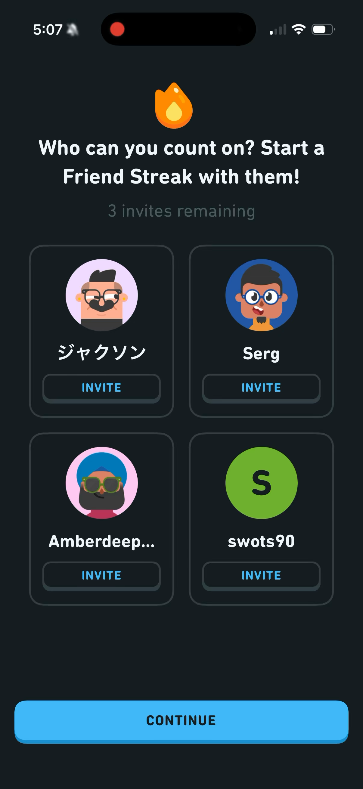 Friend Streak invite selection grid