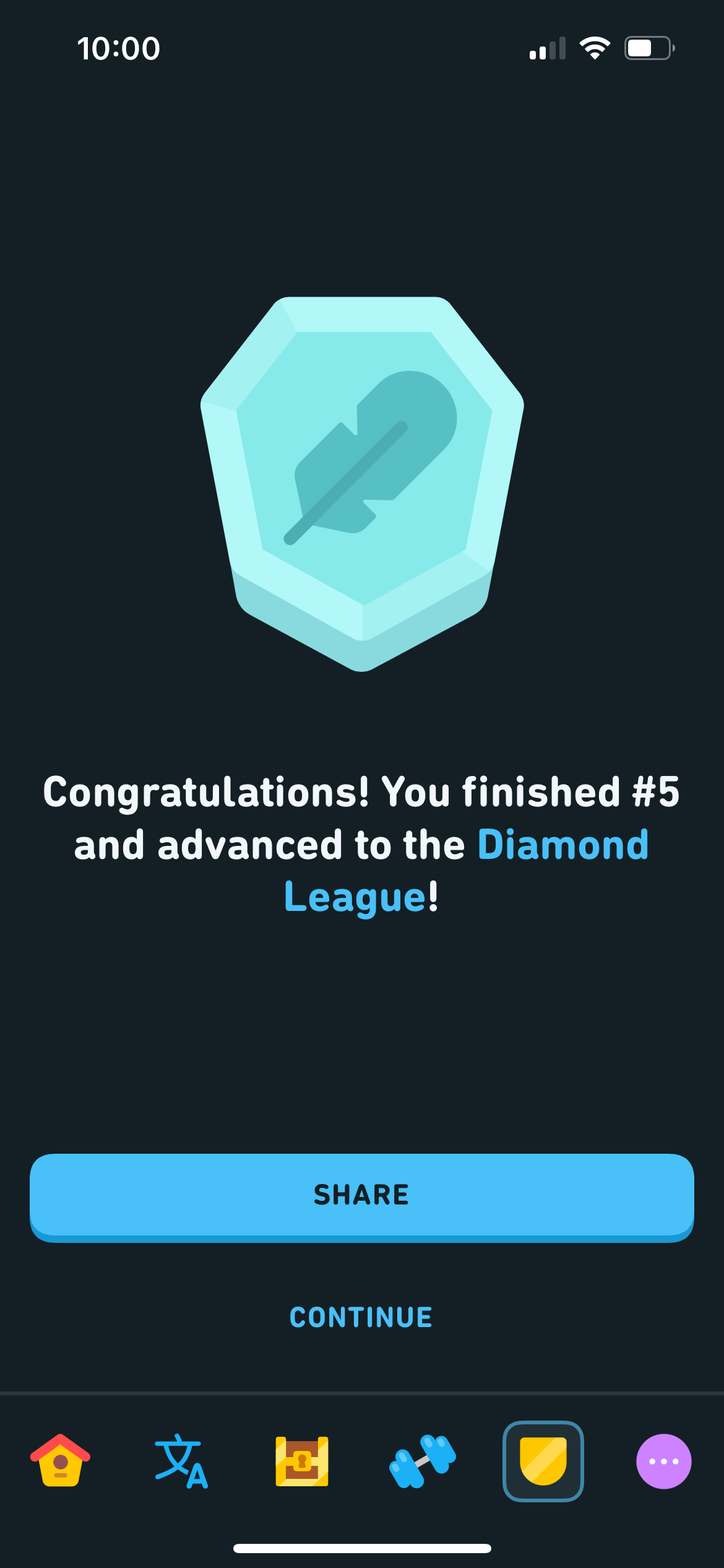 Promotion celebration for the Diamond League — large diamond gem with a feather quill, a SHARE button, and copy reading "Congratulations! You finished #5 and advanced to the Diamond League!"