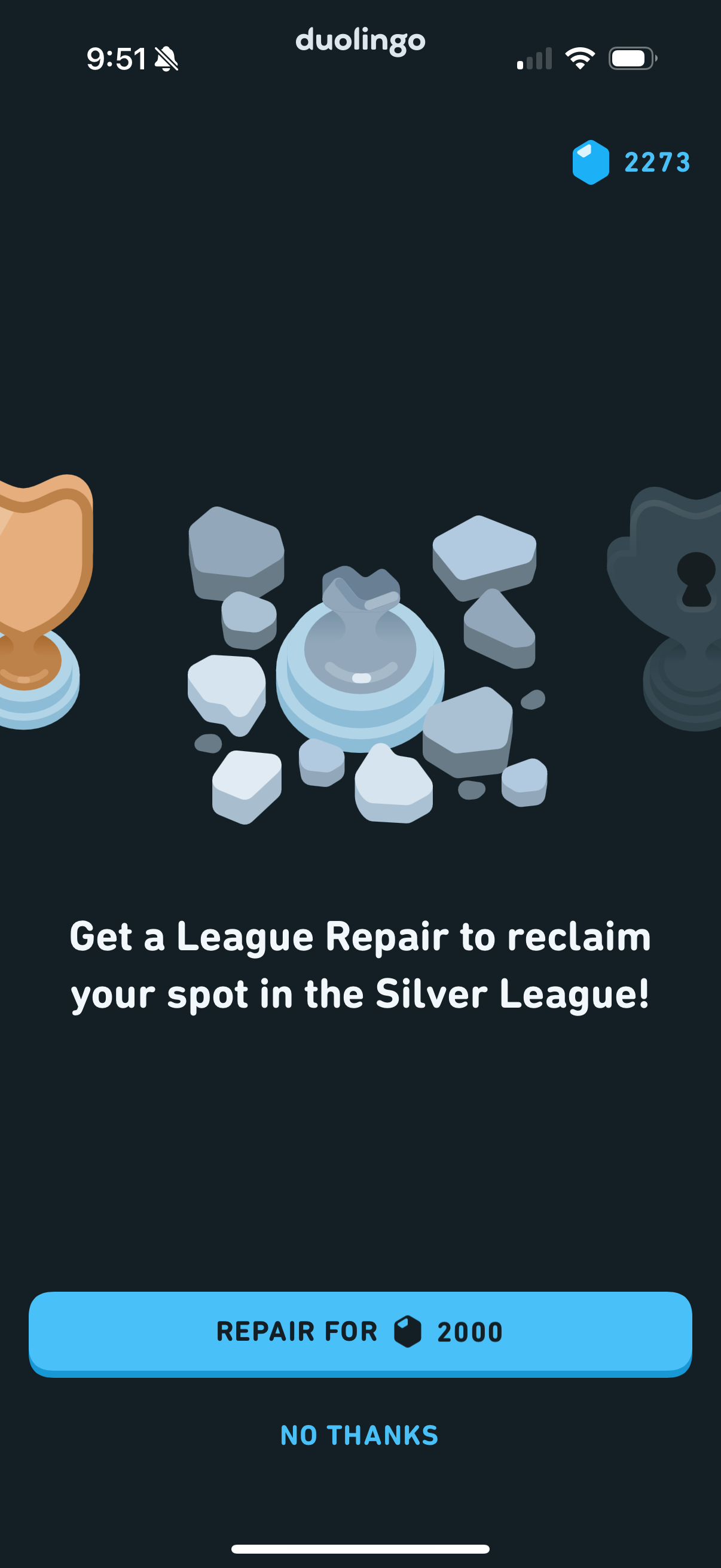 League Repair offer screen — small Silver League trophy beside debris, with copy "Get a League Repair to reclaim your spot in the Silver League!" and a "REPAIR FOR 2000" gem button
