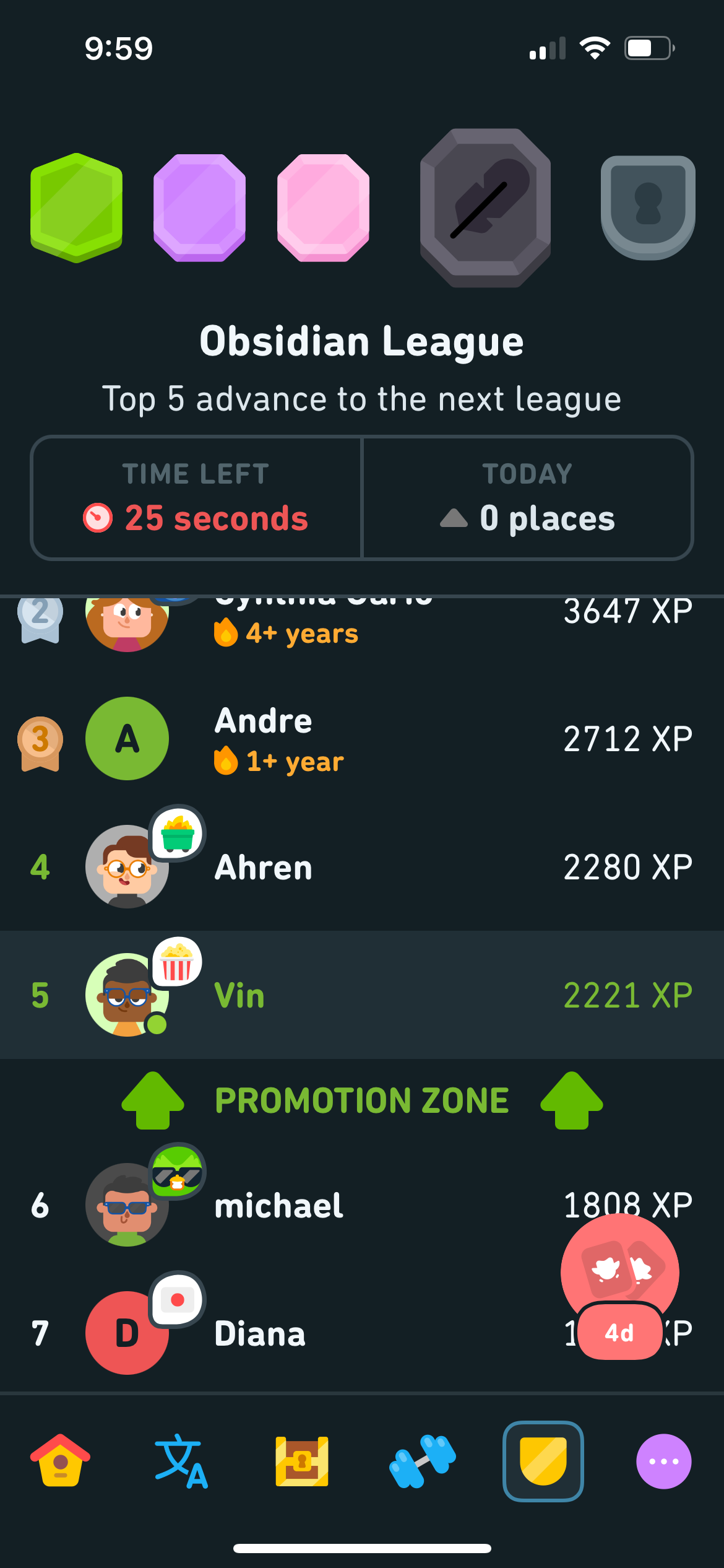 Live Obsidian League leaderboard with a 25-second countdown, current rank 5, and a green "PROMOTION ZONE" marker between rank 5 and 6
