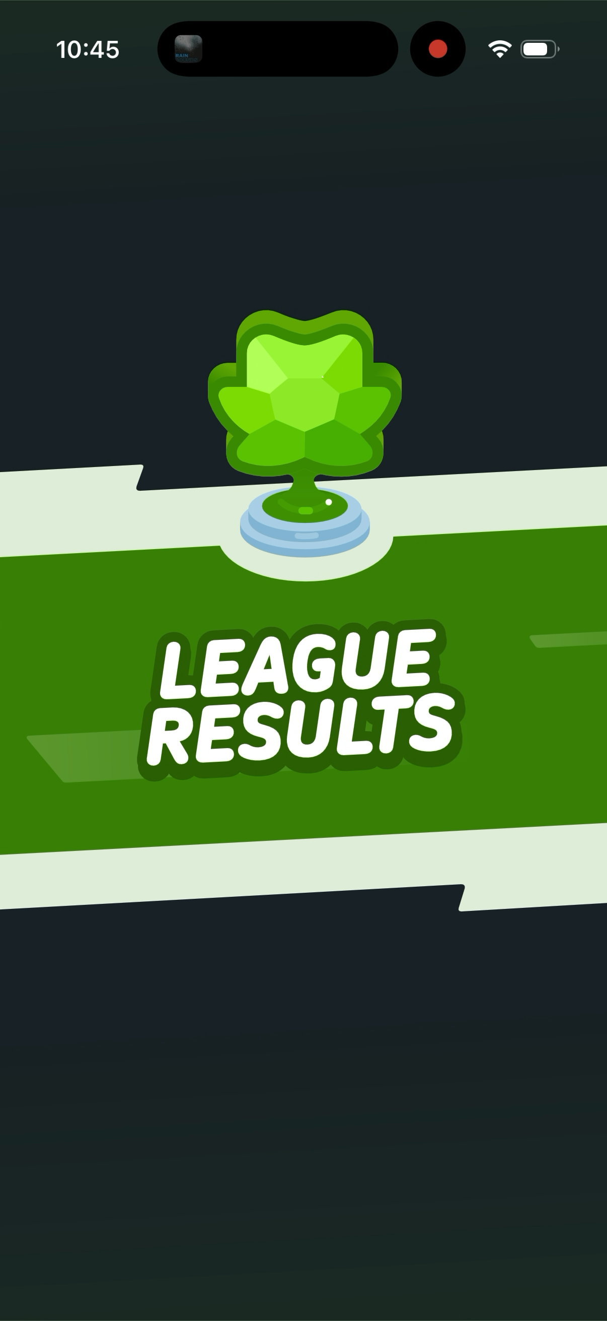 Full-screen "LEAGUE RESULTS" title card with a green clover trophy on a striped banner — the opening frame of the Monday reveal sequence