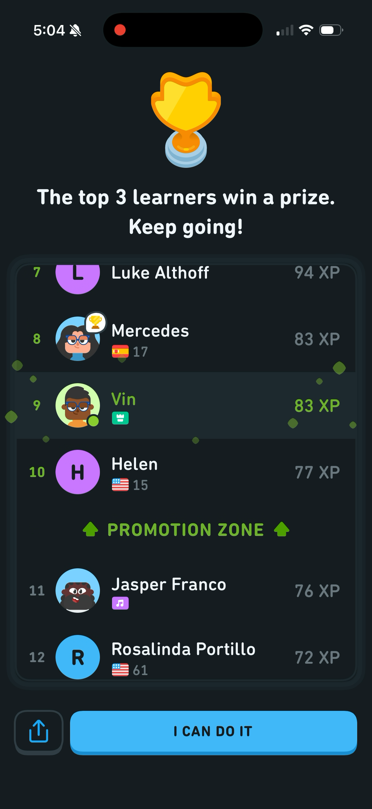 Live leaderboard with the user at rank 9, a "PROMOTION ZONE" marker just above rank 11, and a banner reading "The top 3 learners win a prize. Keep going!"