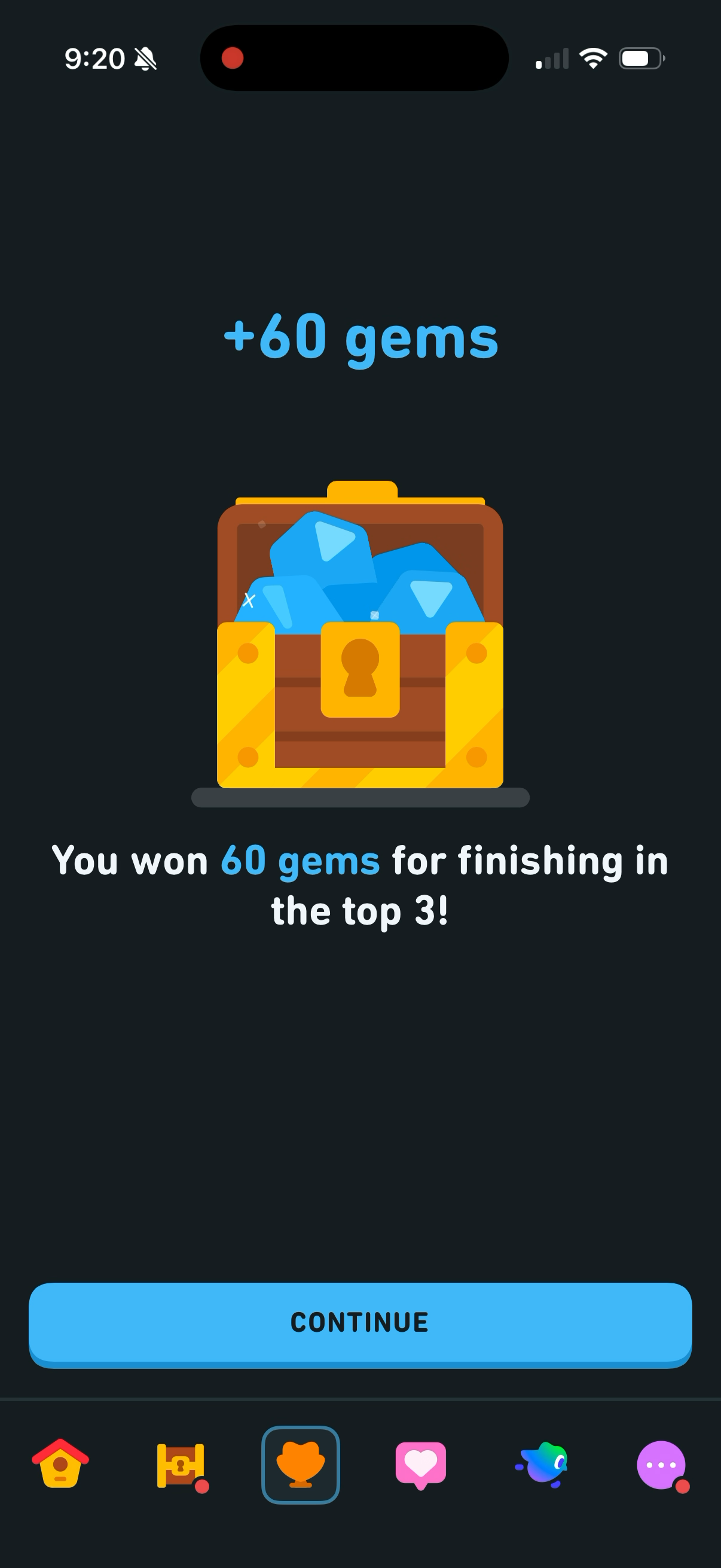 Reward screen with an open treasure chest of gems and copy reading "+60 gems — You won 60 gems for finishing in the top 3!"