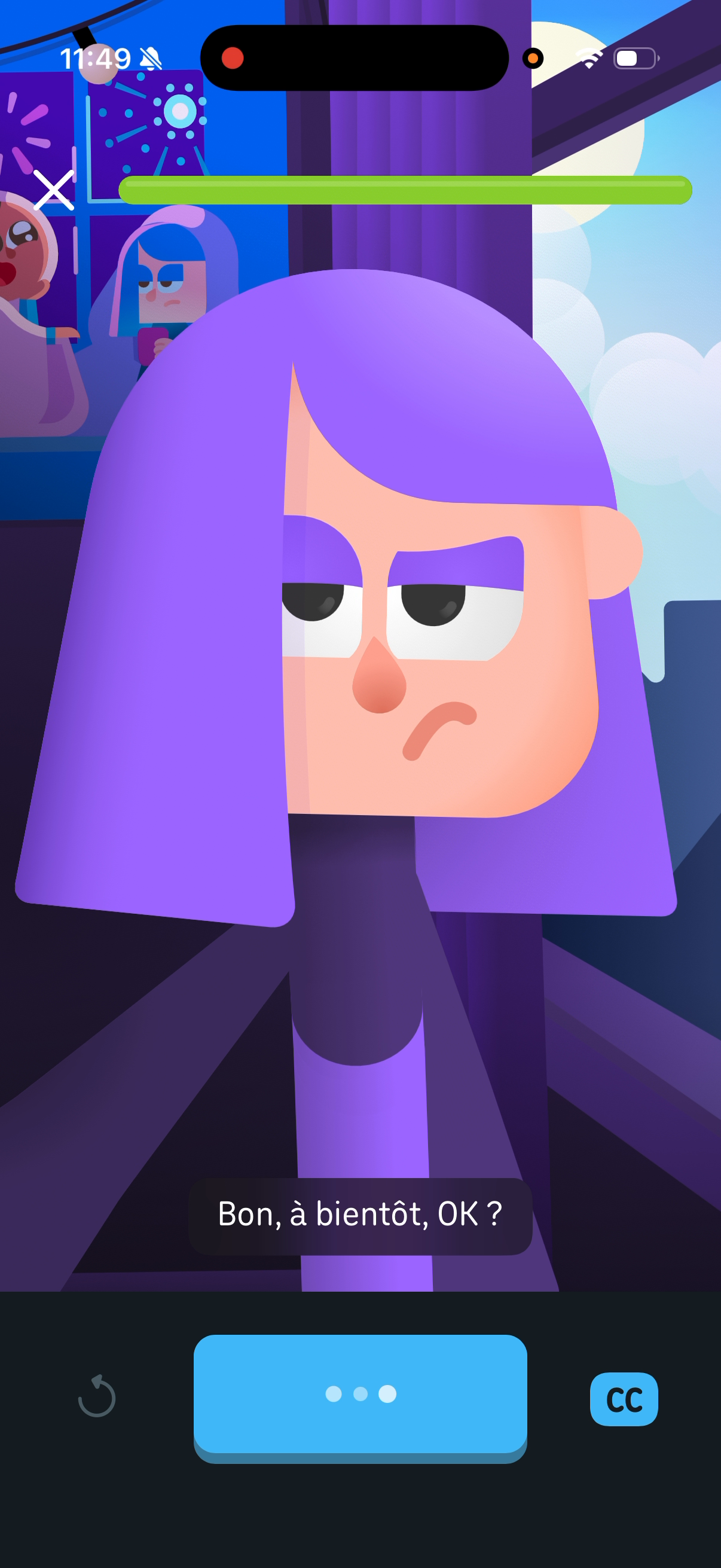 Video call with Lily, who is frowning, with a speaking indicator below