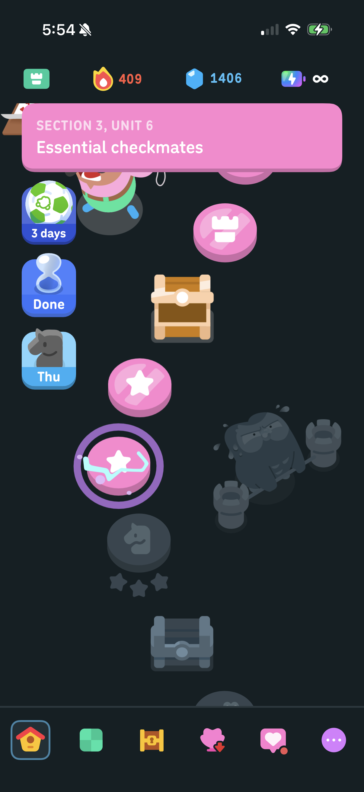 Duolingo path in the chess course — completed pink lessons above, the current lesson with a ring around it, and grey locked lessons and a grey chest below