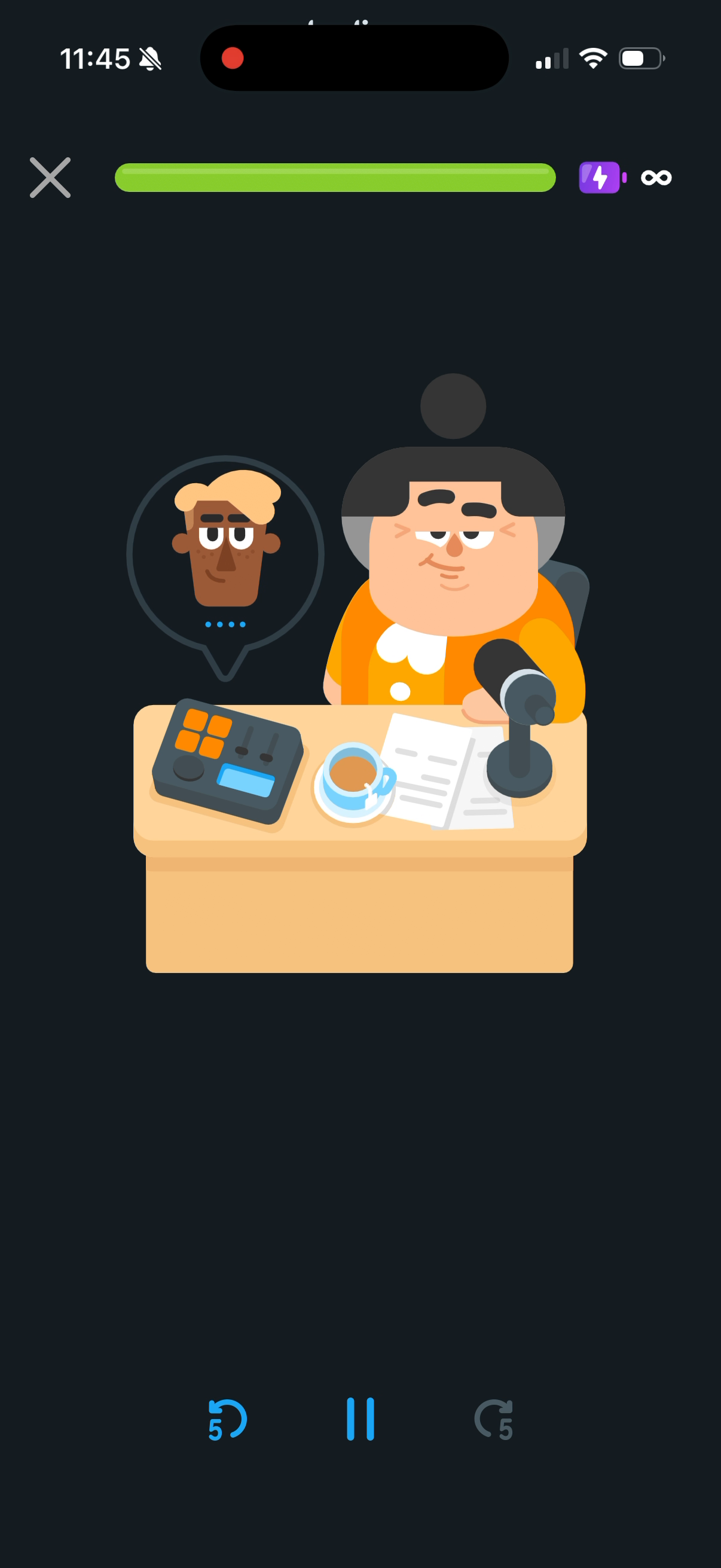 A Duolingo radio lesson — a host at a desk with a microphone, a guest in a speech bubble, and playback controls