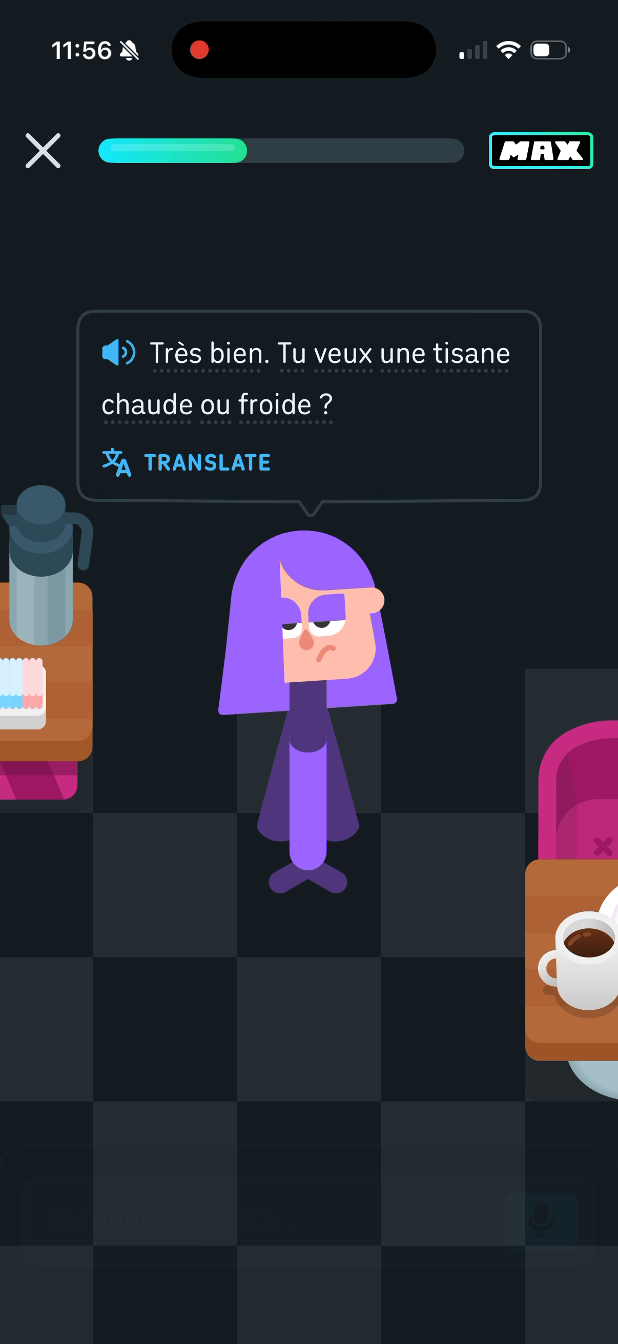 A roleplay lesson with Lily at a café, asking in French whether the learner wants a hot or cold herbal tea