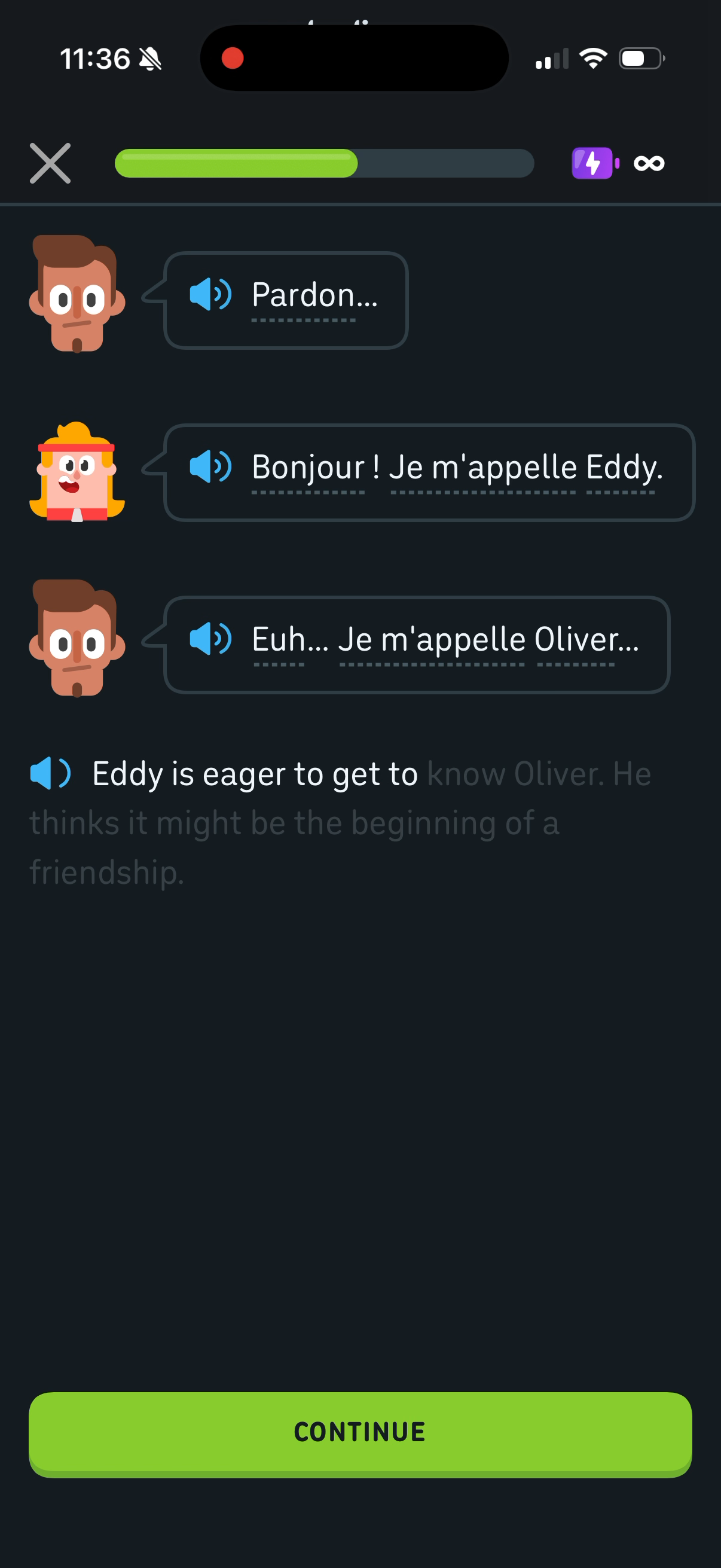 A Duolingo story lesson — a dialogue between two characters, with a narration line and a Continue button