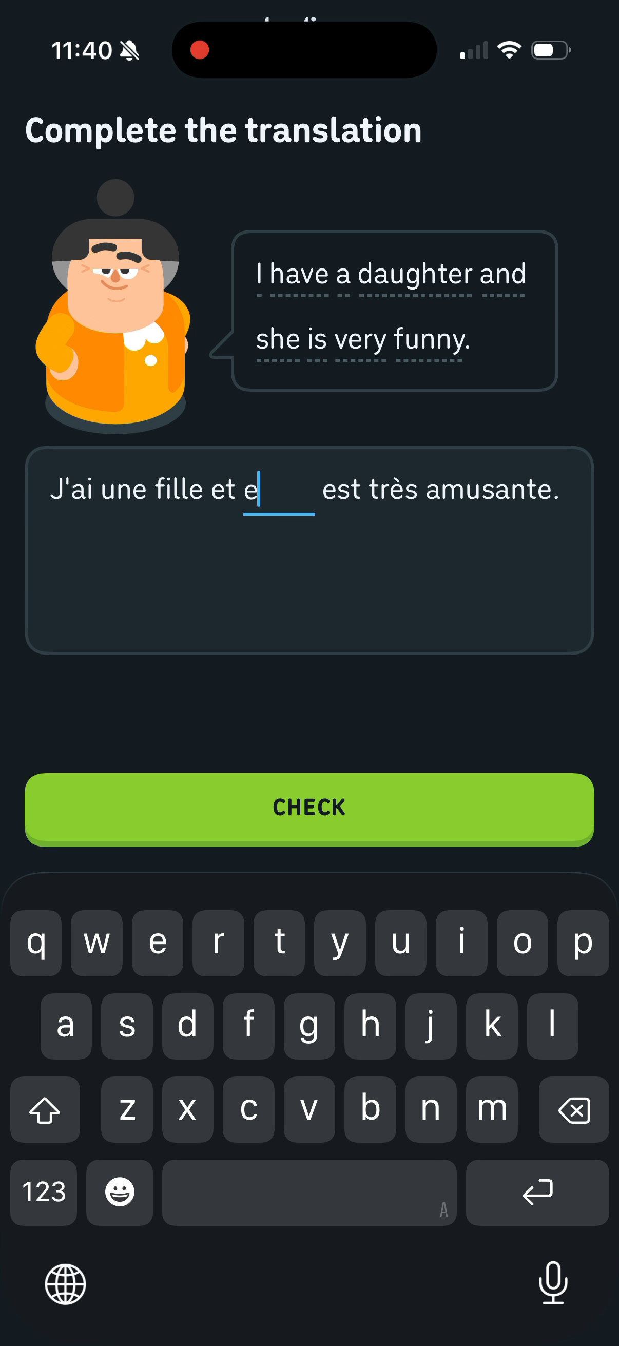 A "Complete the translation" exercise with the keyboard open