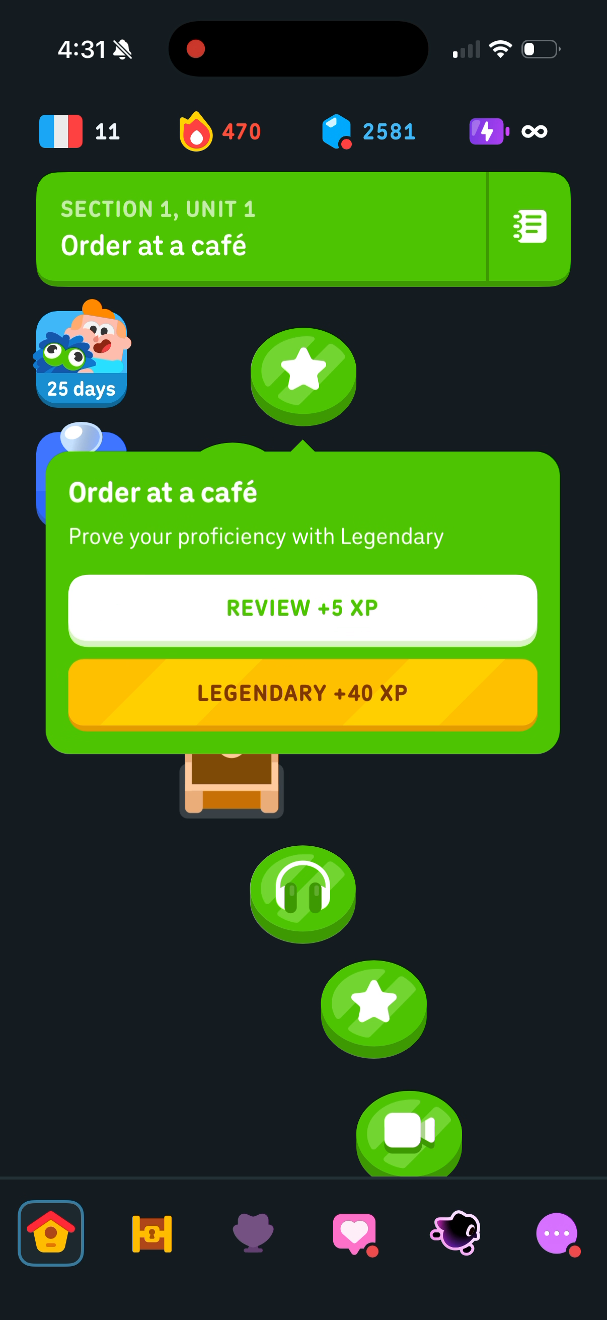 Popover on a completed lesson — REVIEW +5 XP and LEGENDARY +40 XP