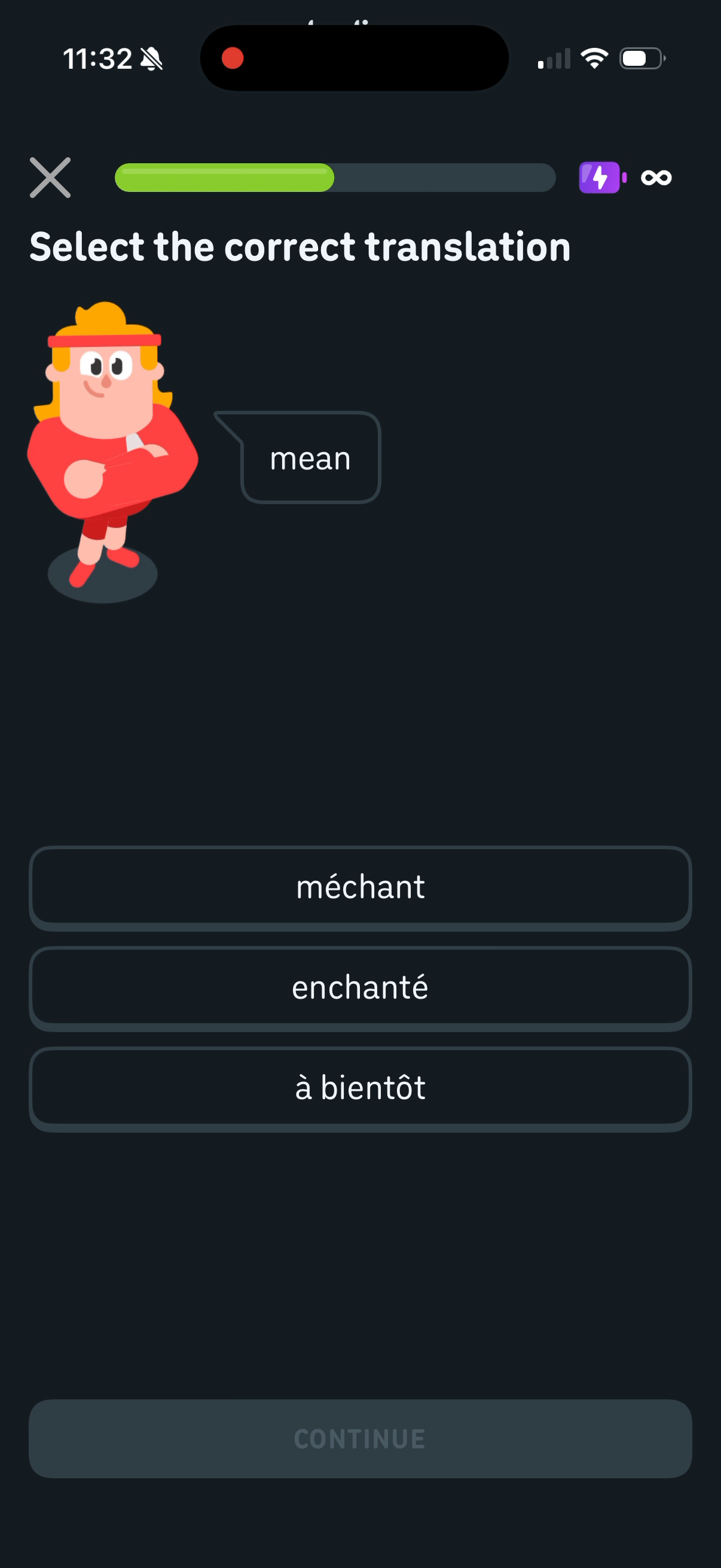 A standard Duolingo lesson — a "Select the correct translation" exercise with three answer tiles and a progress bar