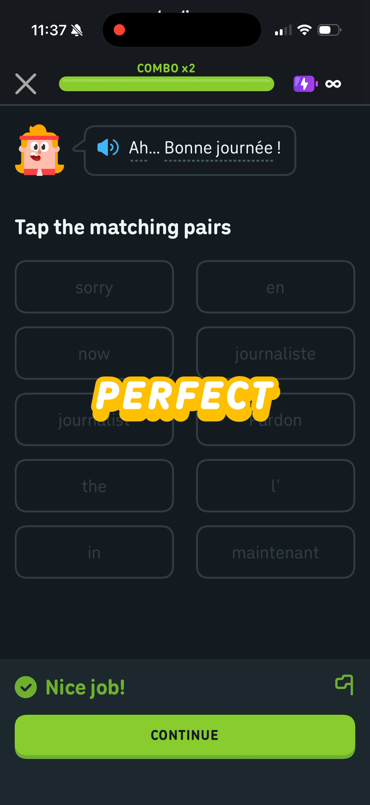 A matching exercise with "Combo x2" above the progress bar and a "Perfect" burst across the screen