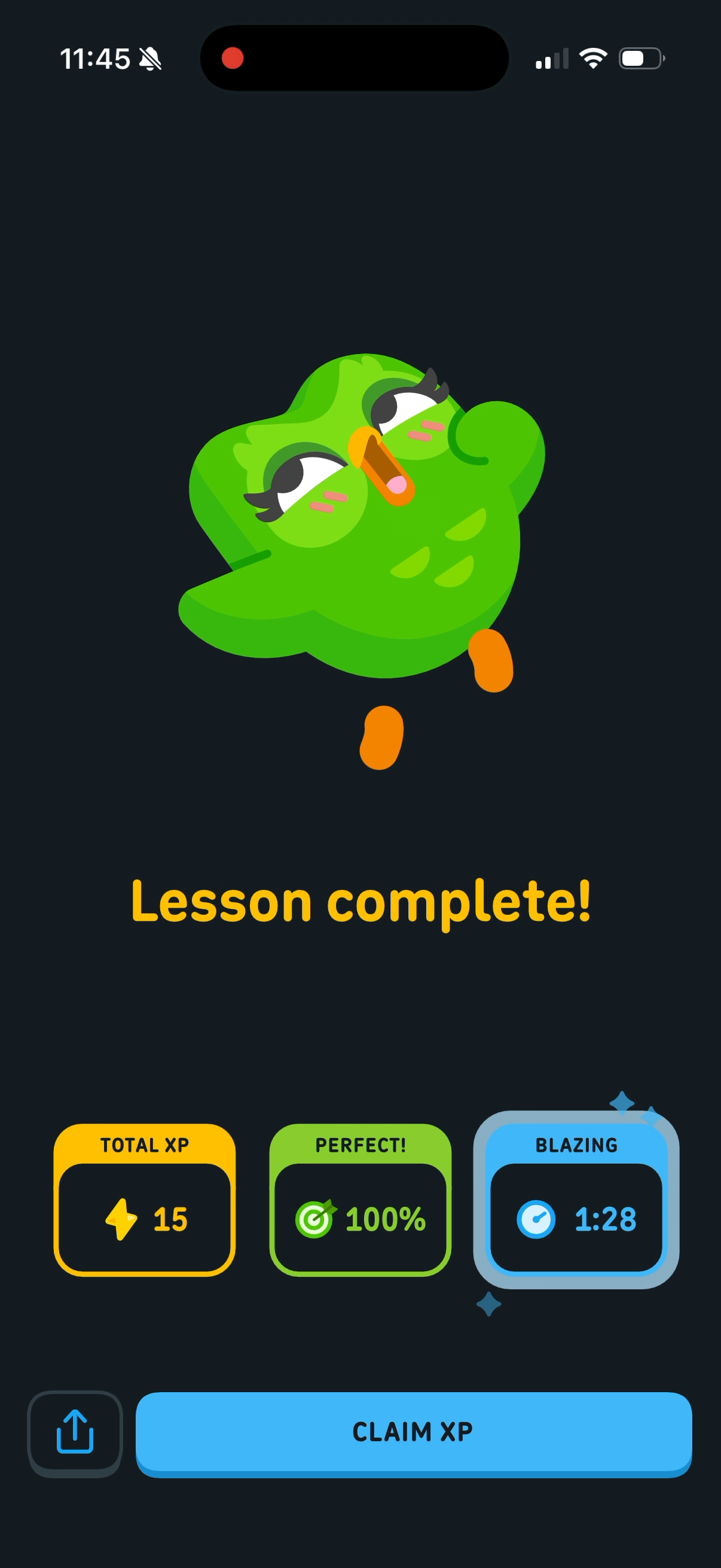 "Lesson complete!" with Total XP 15, Perfect 100% and Blazing 1:28