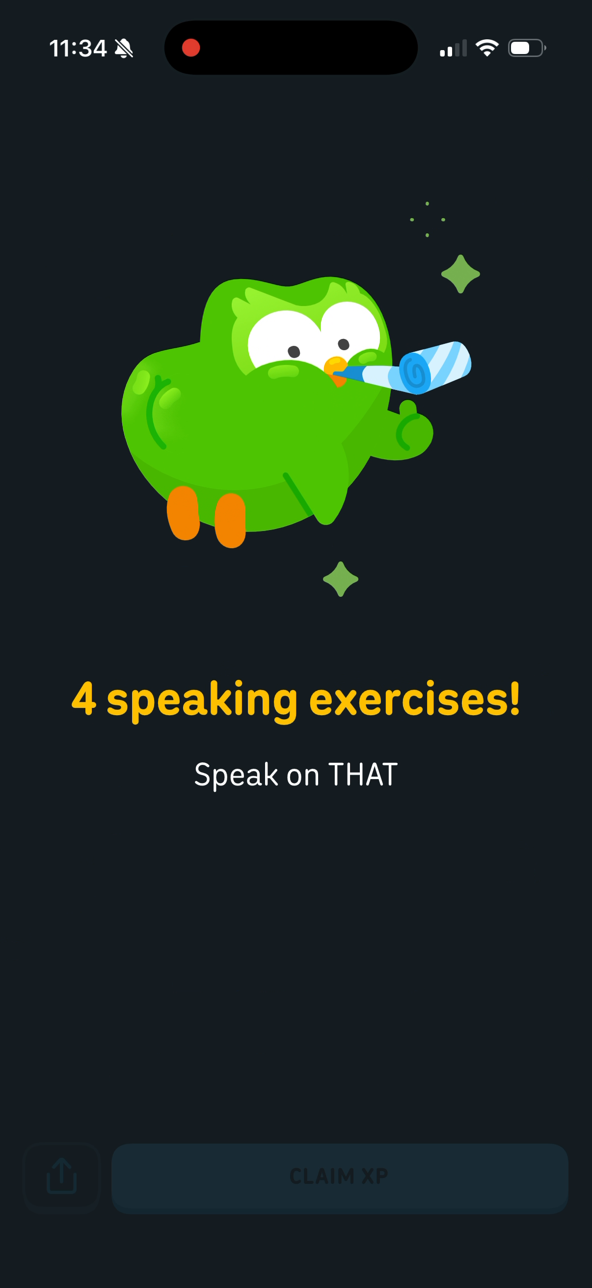 Post-lesson screen reading "4 speaking exercises! Speak on THAT"