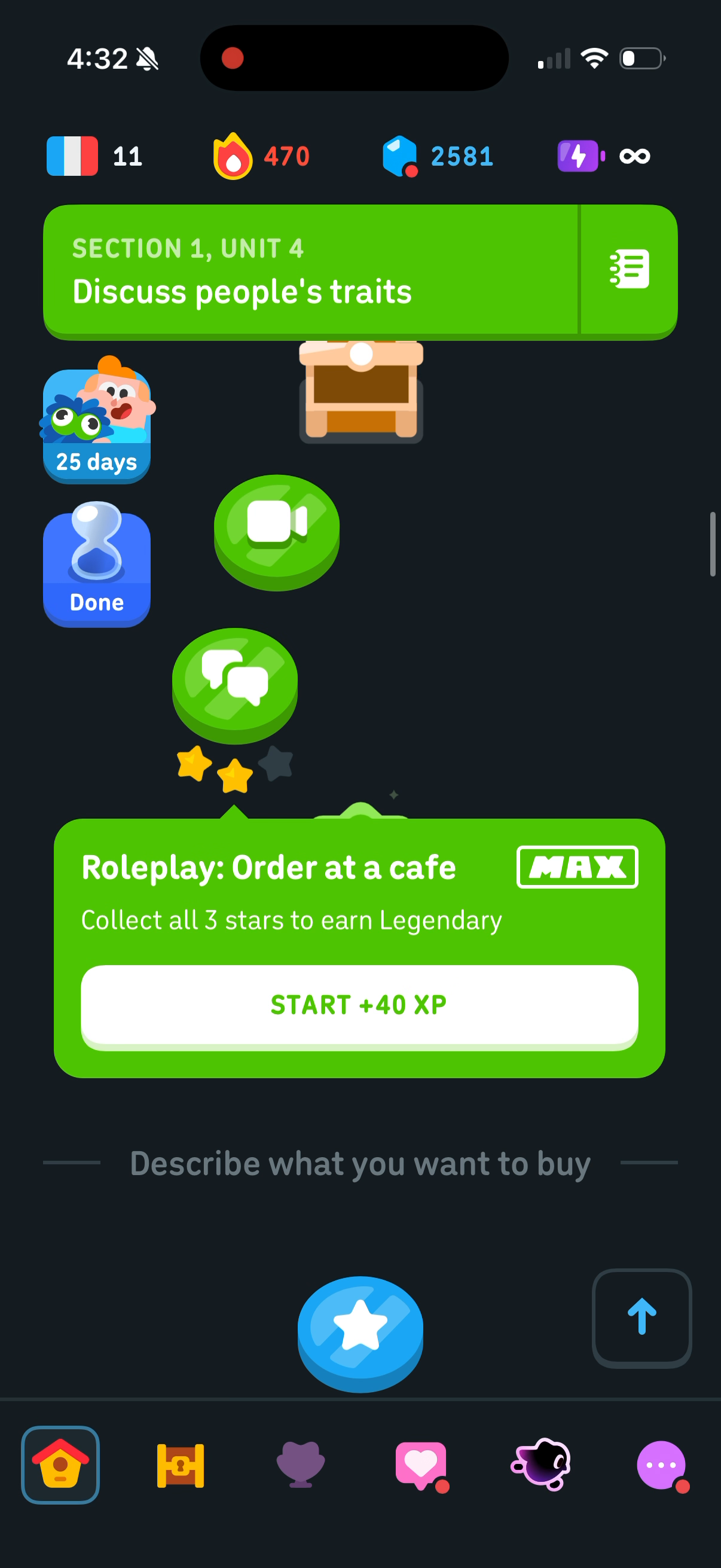 Popover on a roleplay lesson — "Roleplay: Order at a café", START +40 XP
