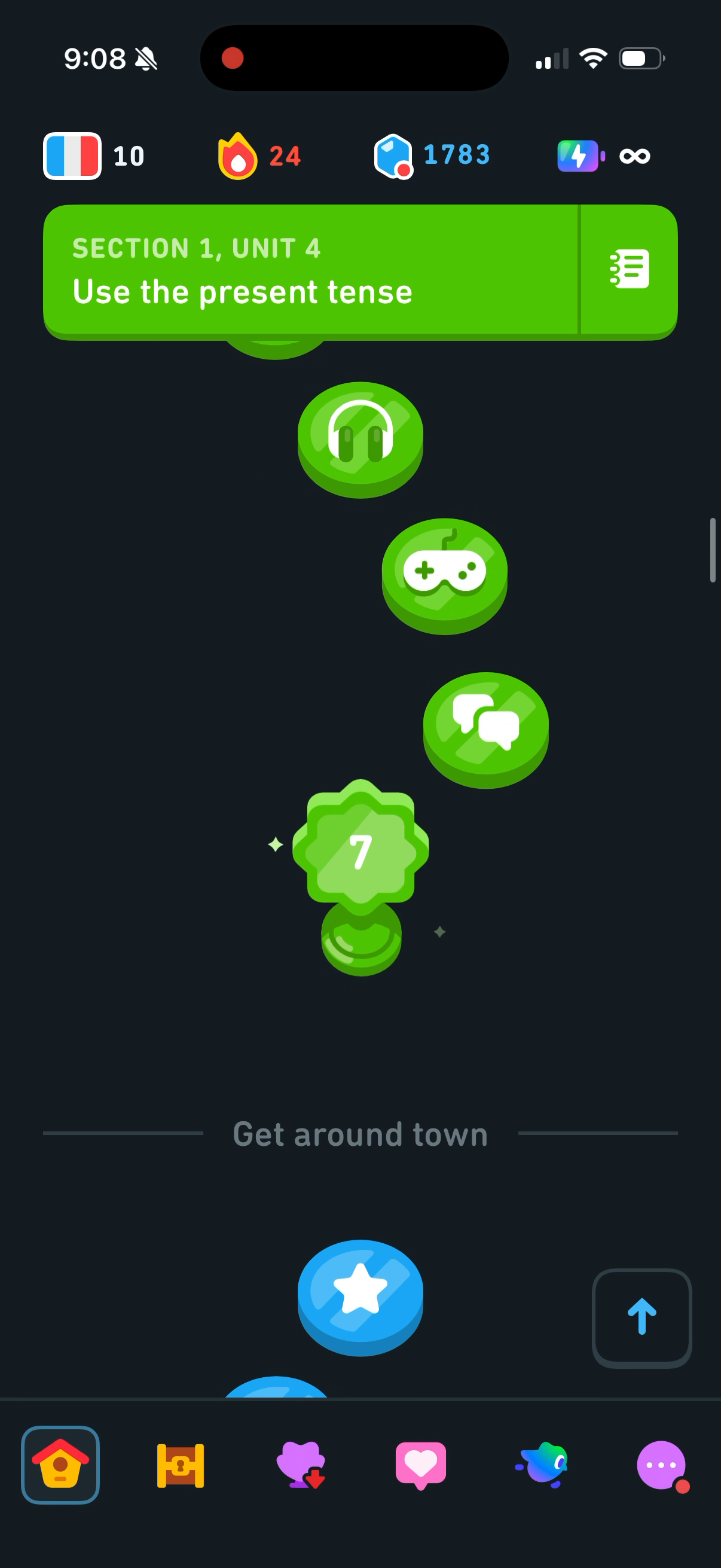 A trophy at the end of a unit, above a divider labelled "Get around town"