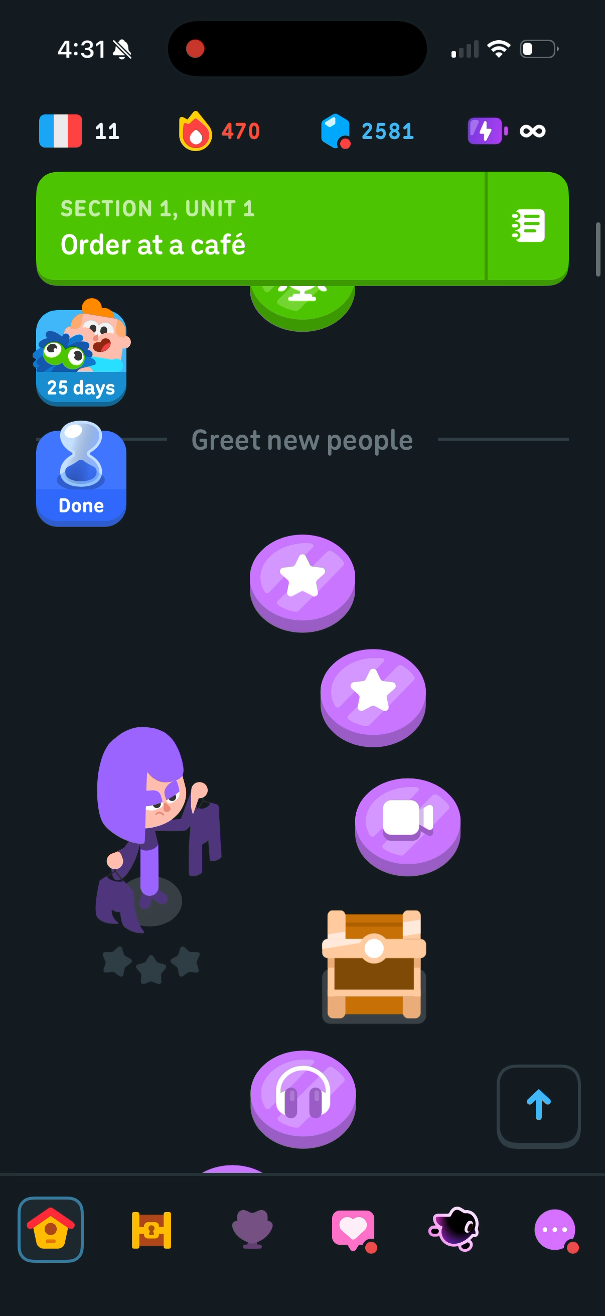 Unit 2 "Greet new people" in purple, with a chest on the route