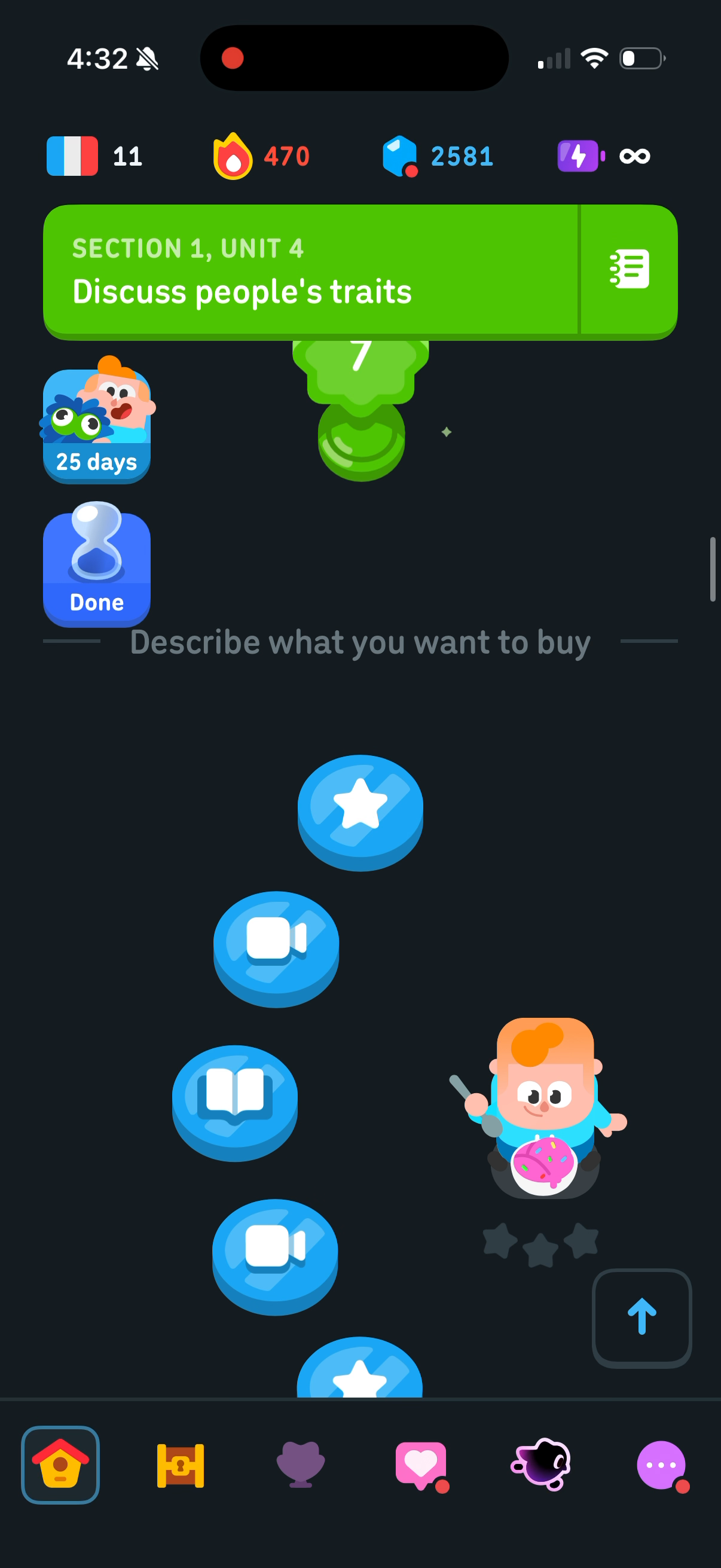 The Unit 4 trophy and a divider labelled "Describe what you want to buy", with blue Unit 5 lessons beginning below