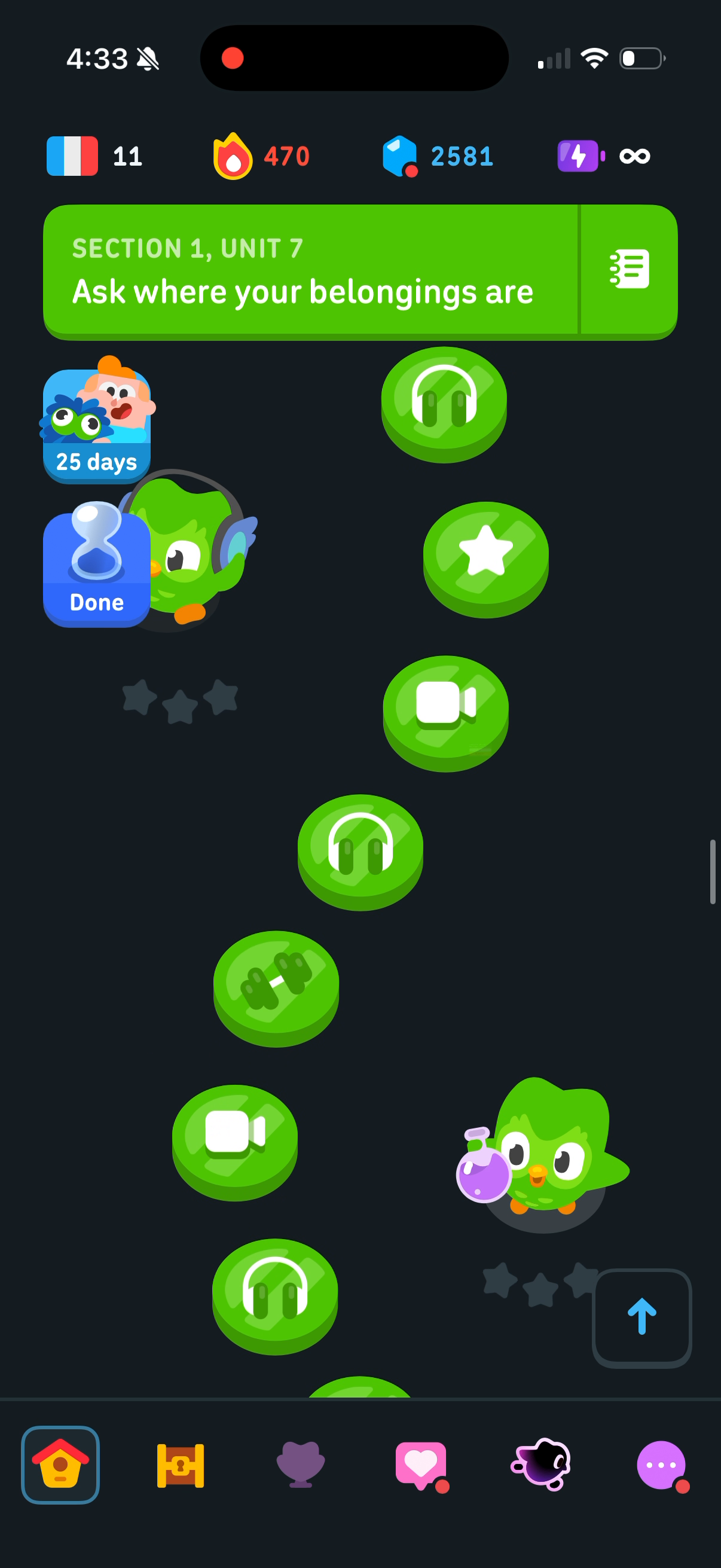 Unit 7 of the French course — a long run of green lessons with Duo beside the line