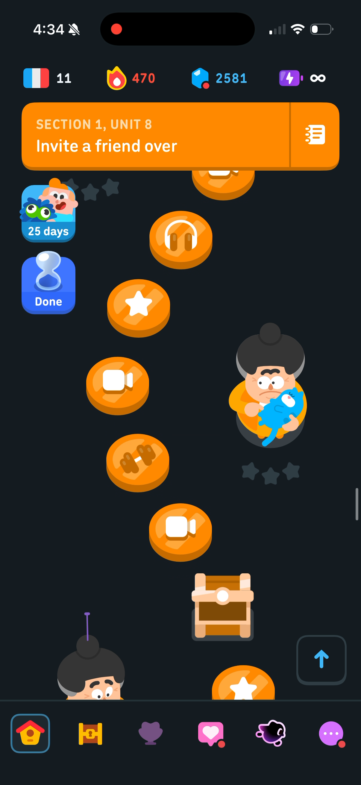 Unit 8 "Invite a friend over" in orange, with a chest on the route