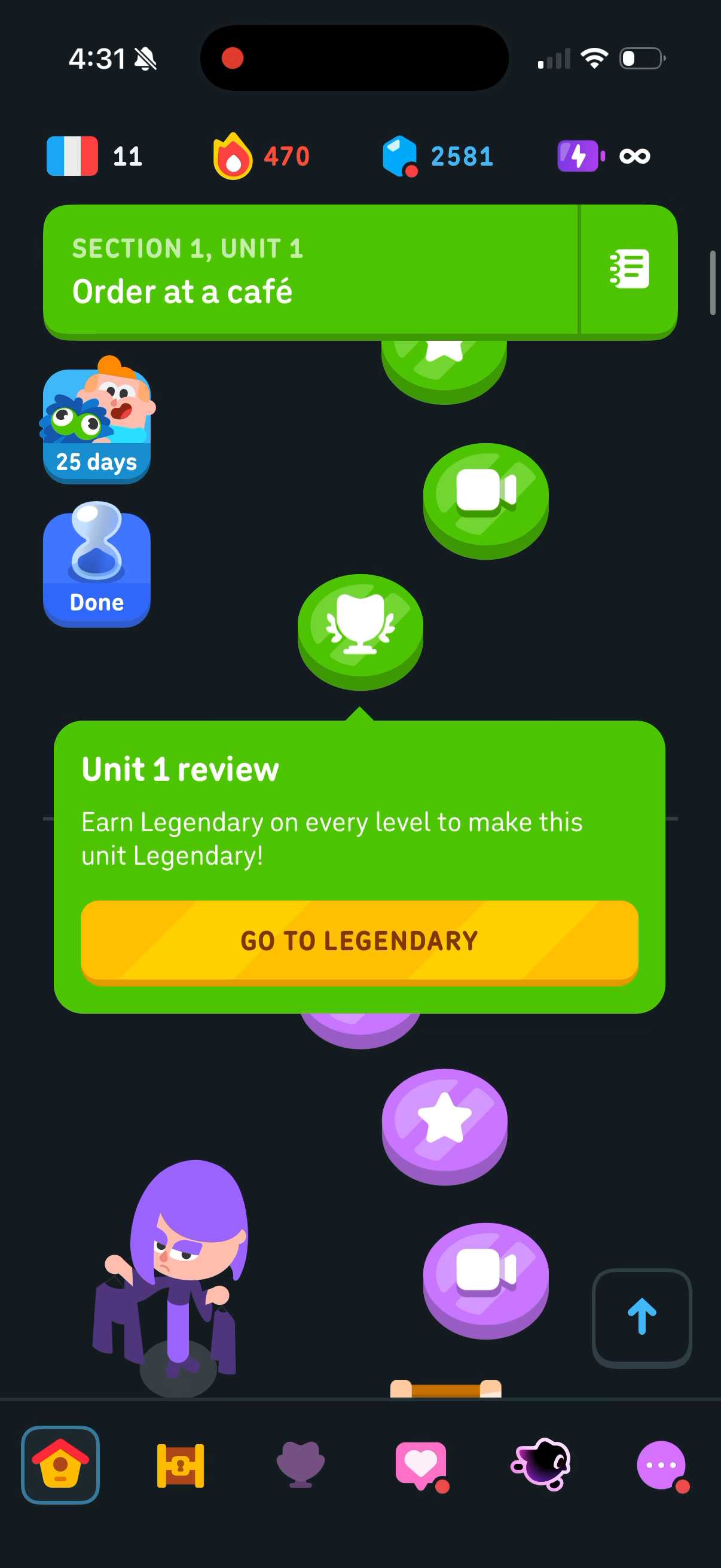 Popover on a unit review — "Unit 1 review. Earn Legendary on every level to make this unit Legendary!"
