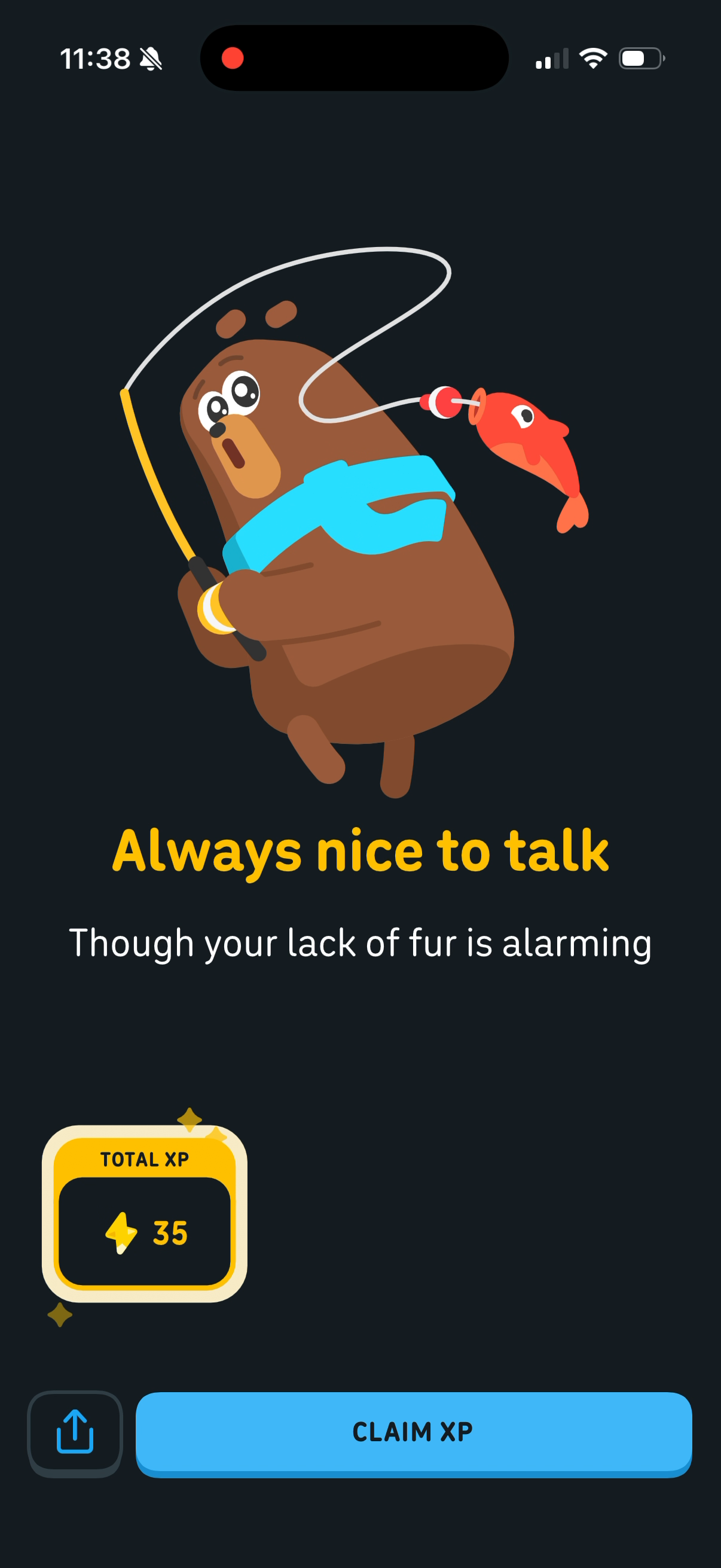 End of a video call lesson — Falstaff the bear, "Always nice to talk", Total XP 35 and a Claim XP button
