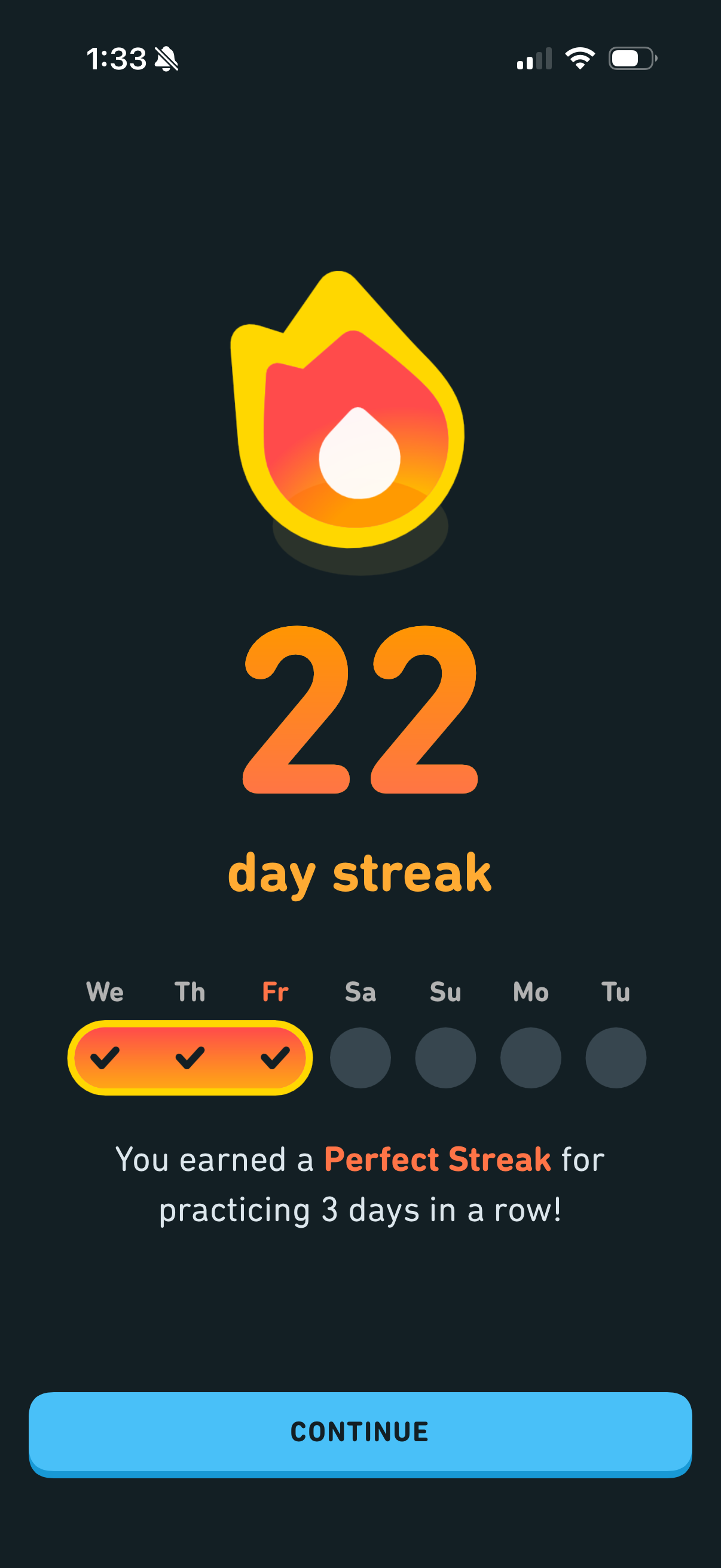 Perfect streak earned at 22 days