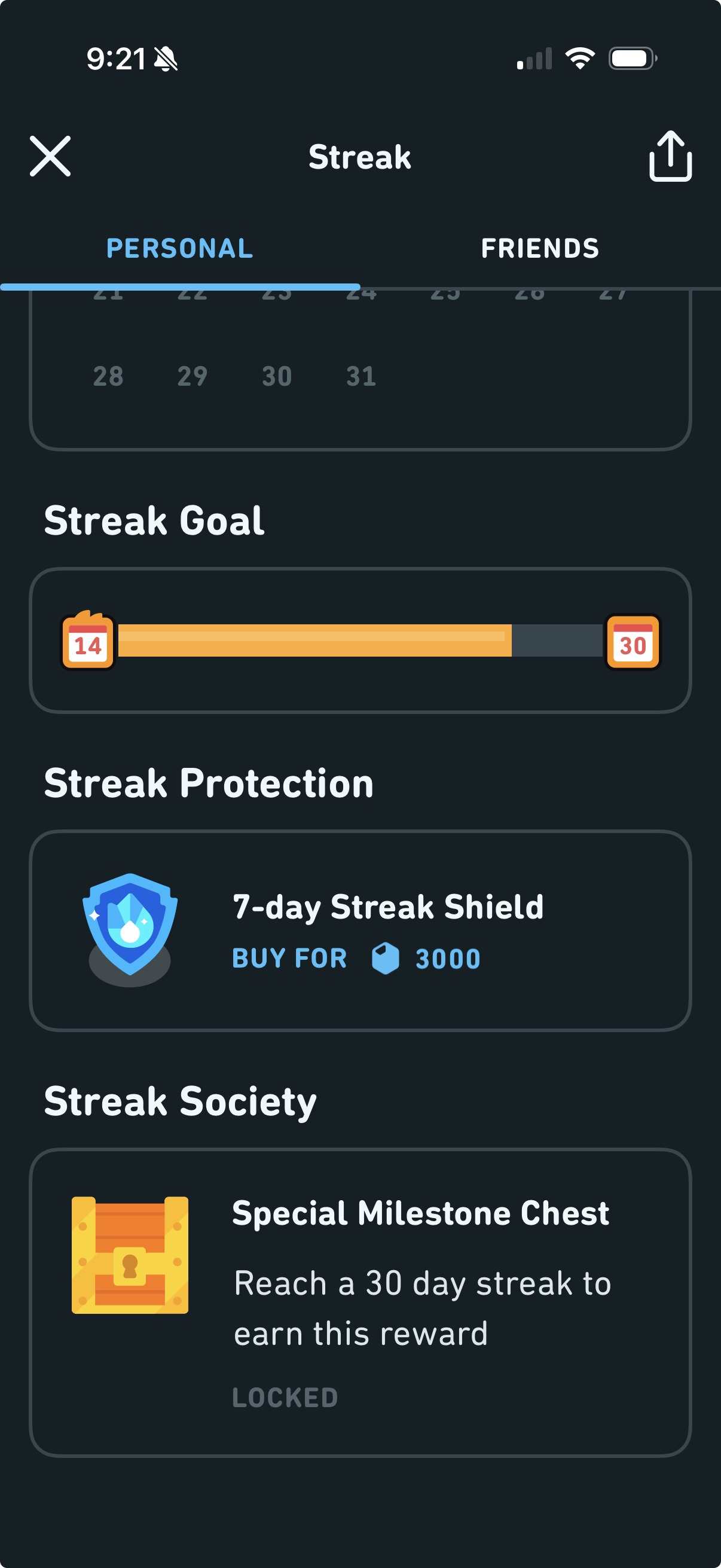 Streak settings, goal, and protection screen