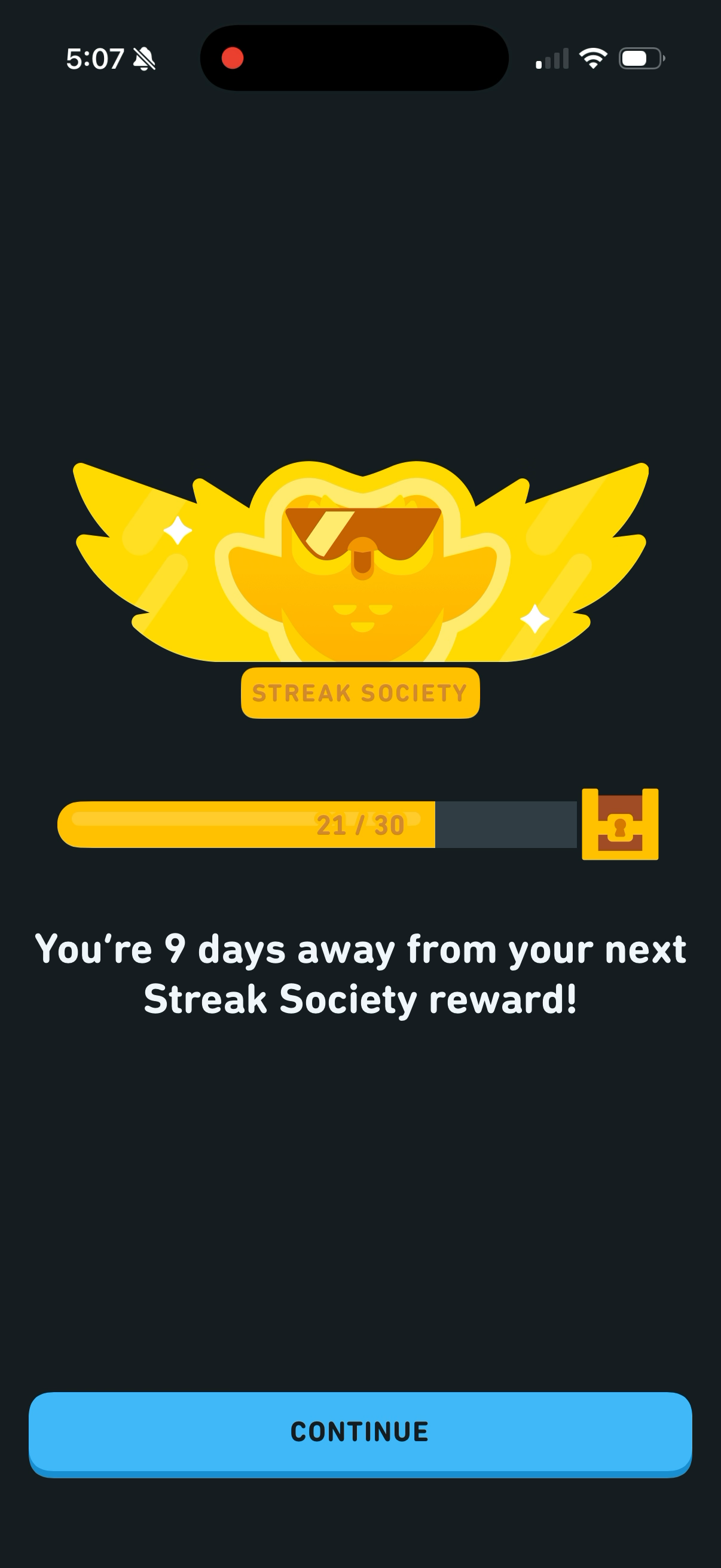Streak Society interface showing tier progress toward a chest reward